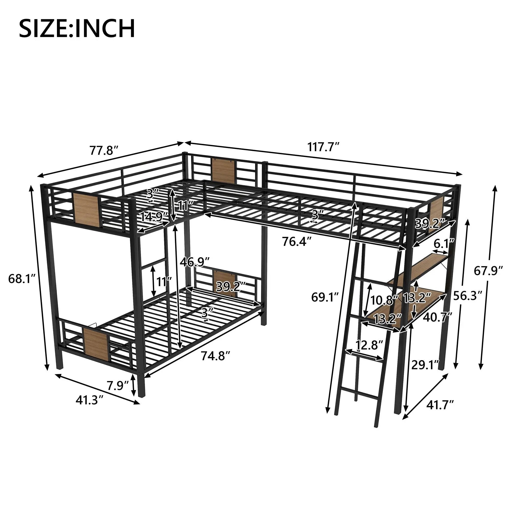 L-Shaped Twin Over Twin Bunk Bed With Twin Size Loft Bed With Desk And Shelf - Brown by Unique Piece Furniture