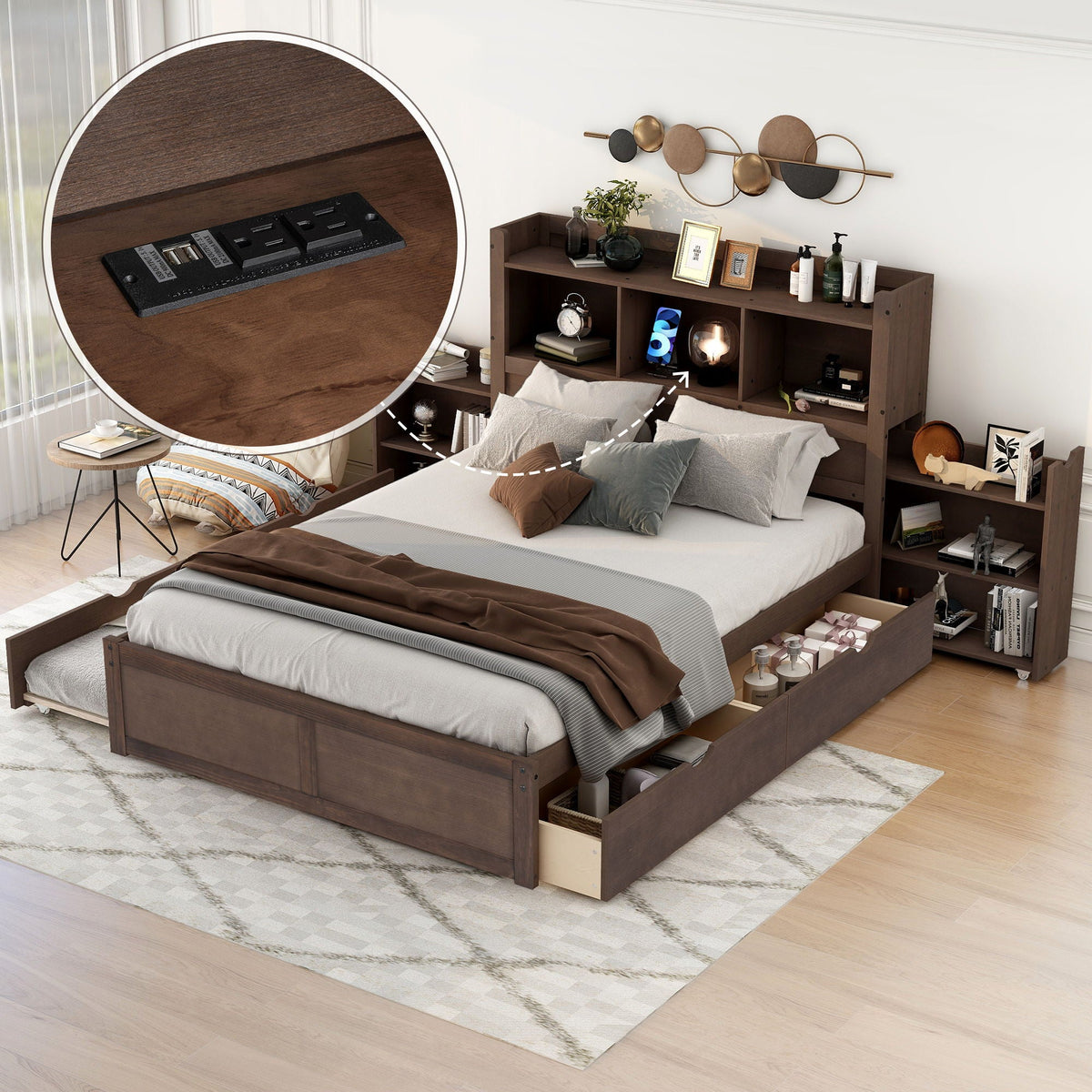 Full Size Storage Platform Bed with Pull-Out Shelves, Trundle, and 2 Drawers - White or Dark Brown, photo 14 of 36