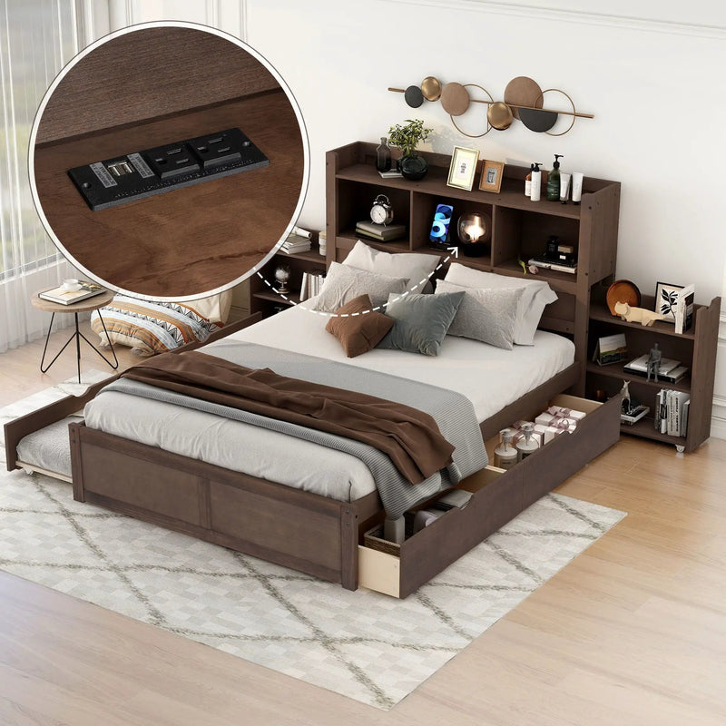 Storage Platform Bed With Pull Out Shelves, Trundle, And 2 Drawers by Unique Piece Furniture