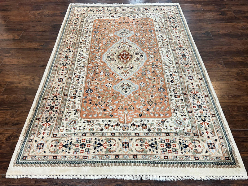 Indo Persian Rug 6x9, Wool Hand Knotted Vintage Carpet, Salmon & Ivory, Traditional Oriental Rug 6 x 9 by Jewel Rugs