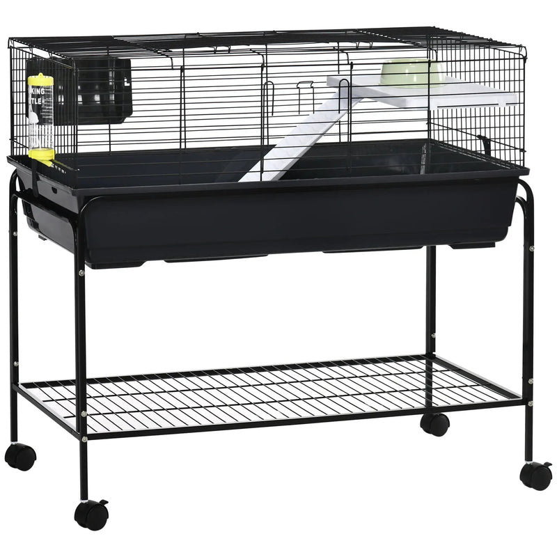 Pawhut - Two-Story Small Animal Cage Removable From Stand, Guinea Pig Cage, Hedgehog Cage, Chinchilla Cage, Ferret, With Shelf & Wheels, Pet Habitat - Black by HouseOfZazla