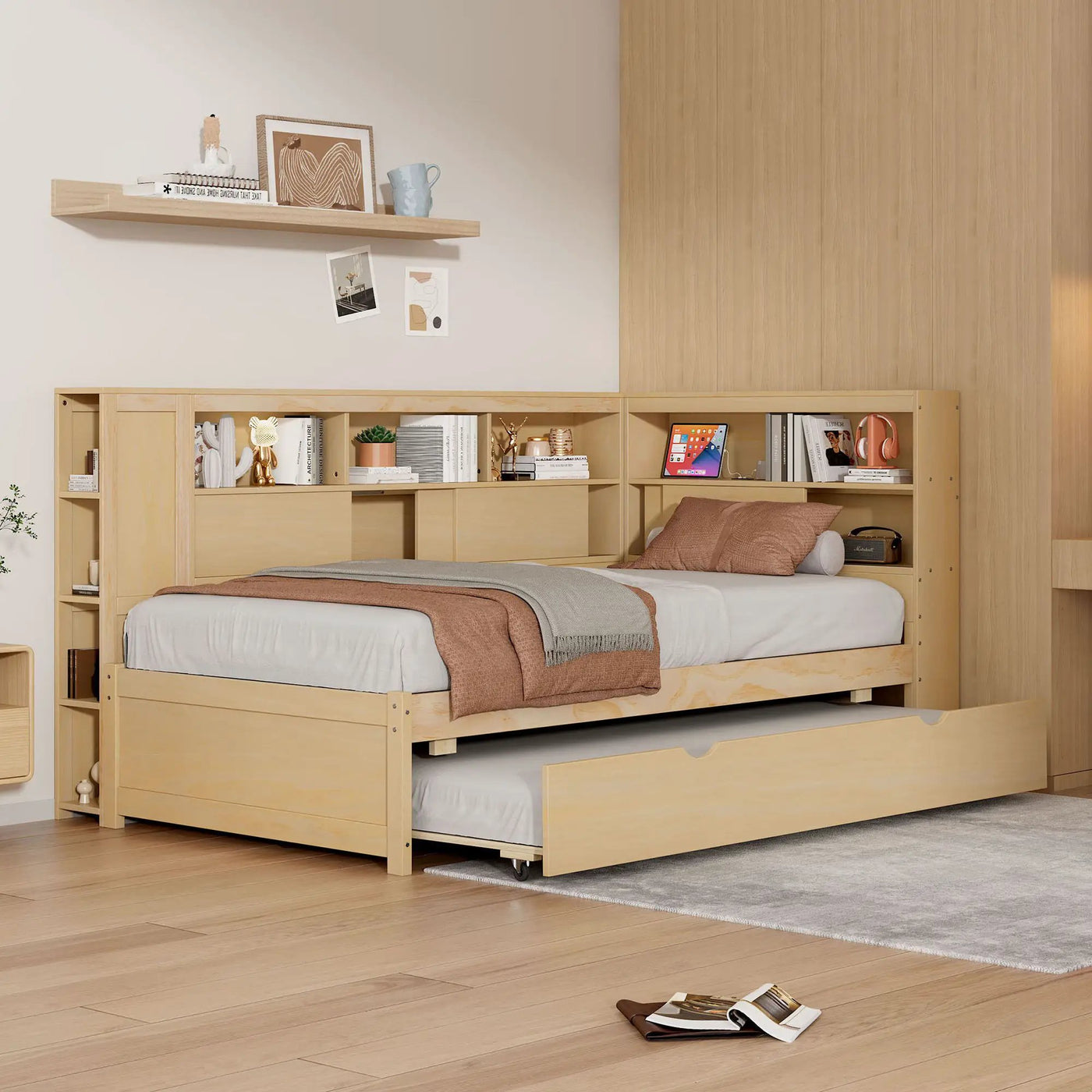 Daybed With Storage Shelves, USB Charging, And Trundle Bed by HouseOfZazla
