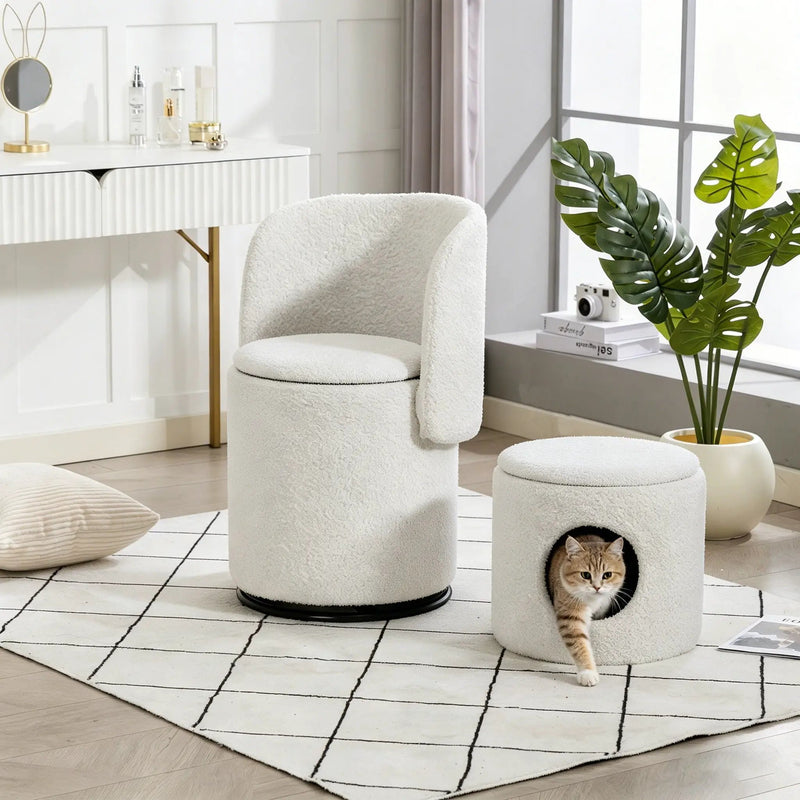Barrel Chair & Built In Storage, 360° Swivel - Beige by HouseOfZazla