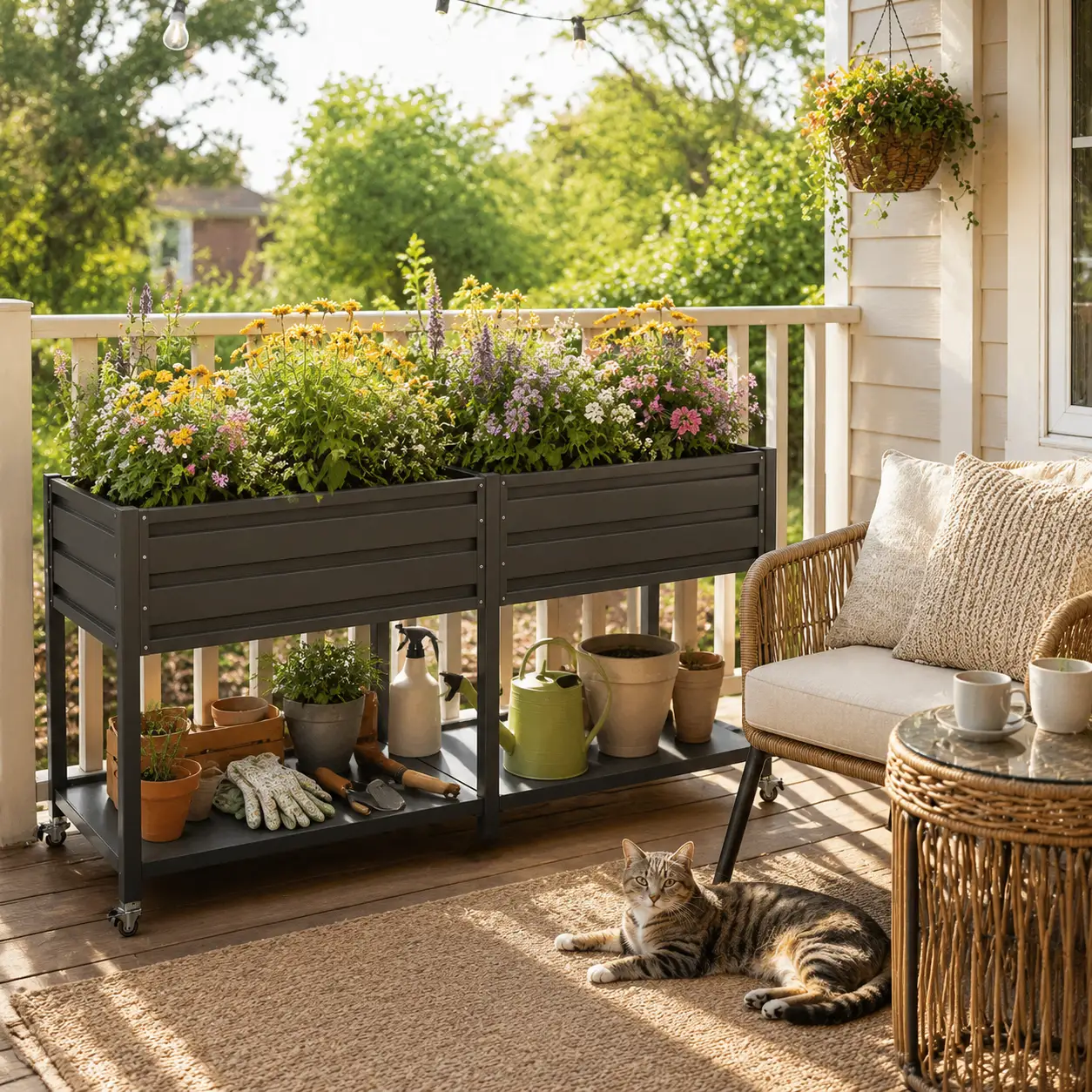 Dual Tier Elevated Metal Raised Garden Bed with Lockable Wheels & Lower Storage Shelf by HouseOfZazla