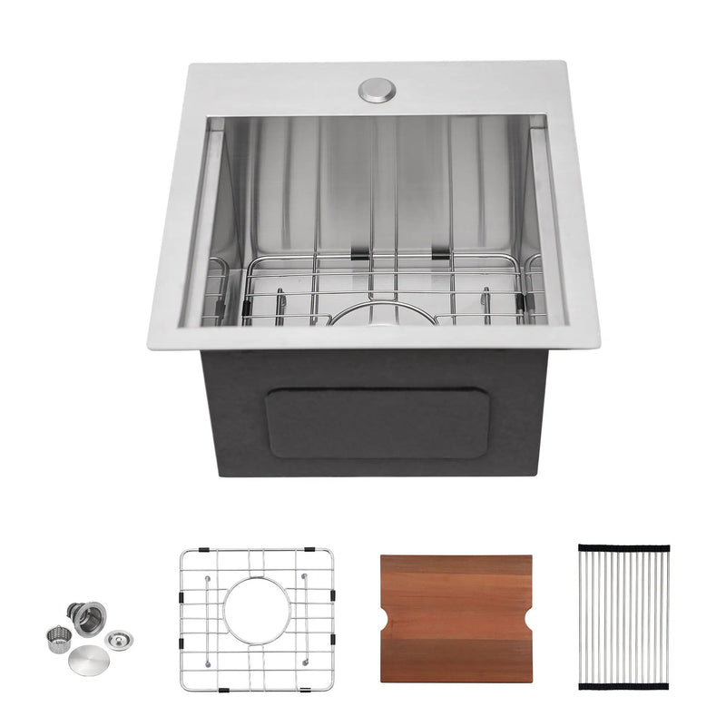 Modern Stainless Steel 15" Drop In Kitchen Sink Workstation With Accessories - Brushed Nickel by HouseOfZazla