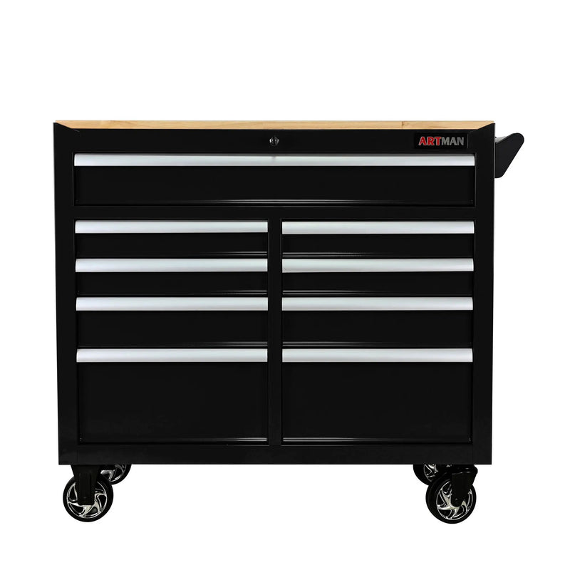 9 Drawer Multifunctional Steel Tool Cart With Wheels And Wooden Top by HouseOfZazla