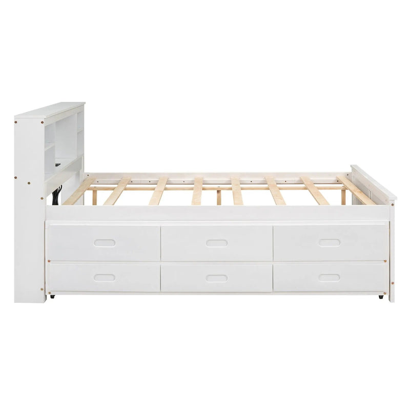 Platform Bed With Storage Headboard, USB, Trundle And 3 Drawers