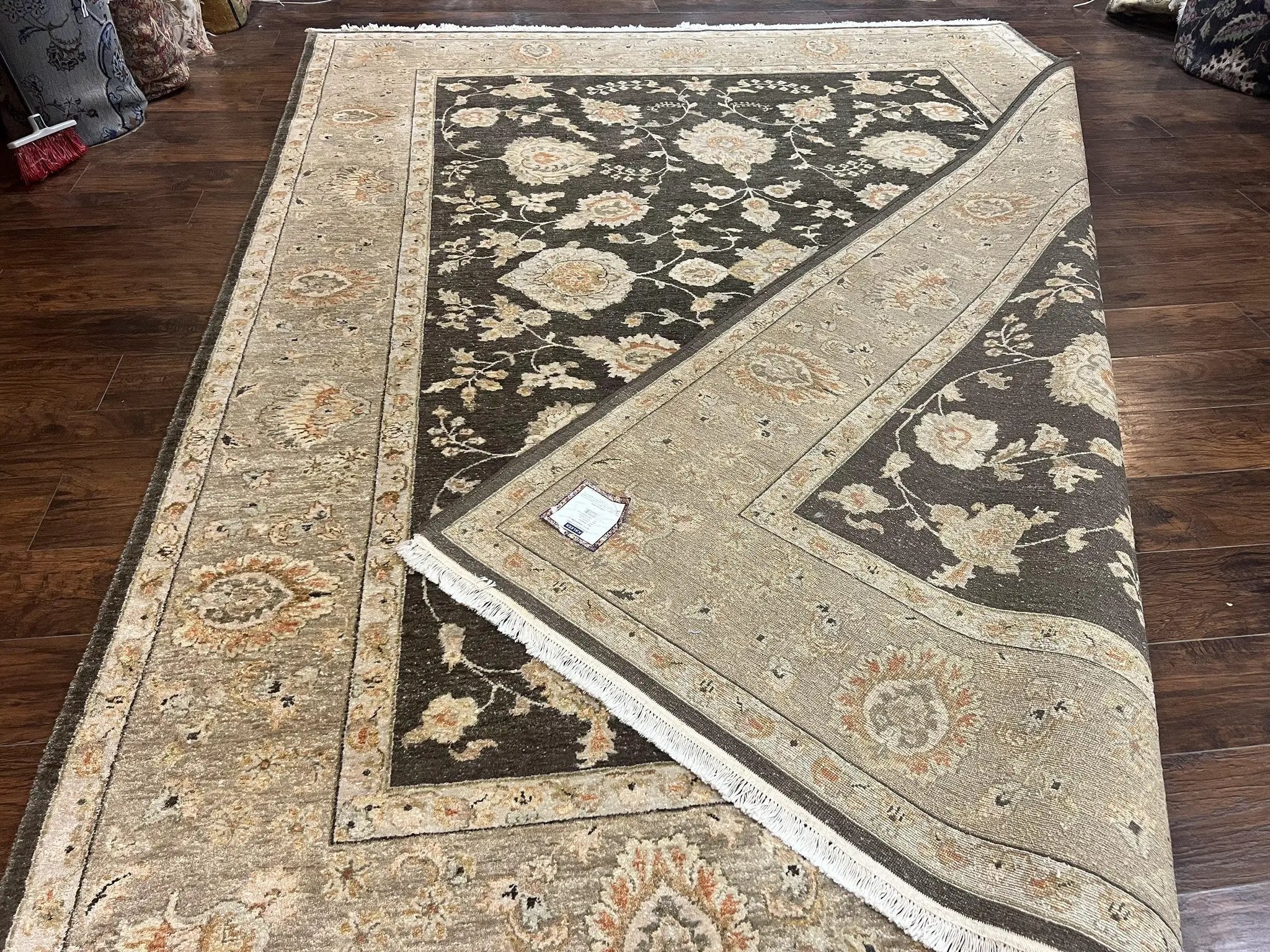 Indo Persian Rug 9x12, Sultanabad Indian Carpet, Dark Brown, Hand Knotted Vintage Wool Rug by Jewel Rugs