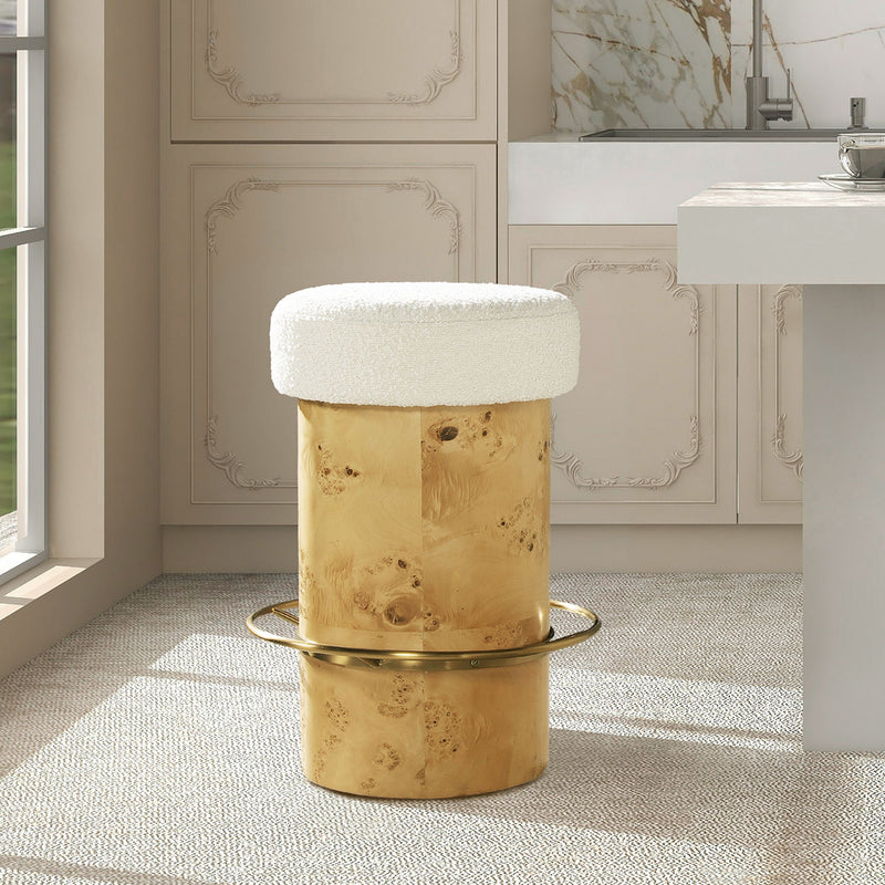 Nebula - Backless Round Upholstered Counter Stool With Burl - Ivory White by HouseOfZazla