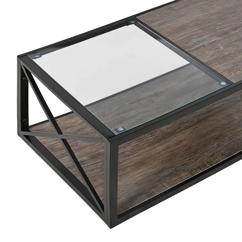 Industrial Style Coffee Table For Bedroom & Living Room With Tempered Glass & Wood Grain - Wood by Unique Piece Furniture