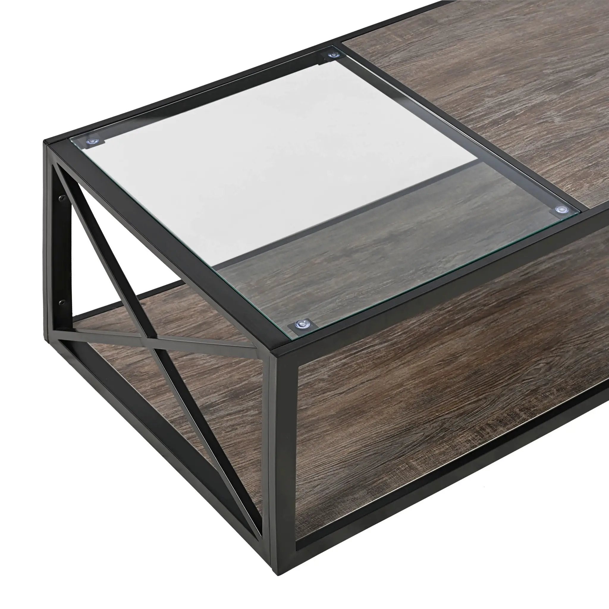 Industrial Style Coffee Table For Bedroom & Living Room With Tempered Glass & Wood Grain - Wood by HouseOfZazla
