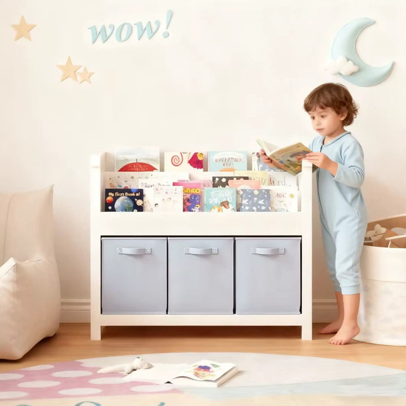 Bookshelf With 3 Tier Front Facing Storage And 3 Bins, Toddler Bookcase For Playroom - White by HouseOfZazla