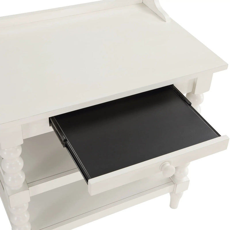 Aria - Nightstand With Styling, 2 Shelves, Pull Out Tray, Spool Turned Legs - Antique White by HouseOfZazla
