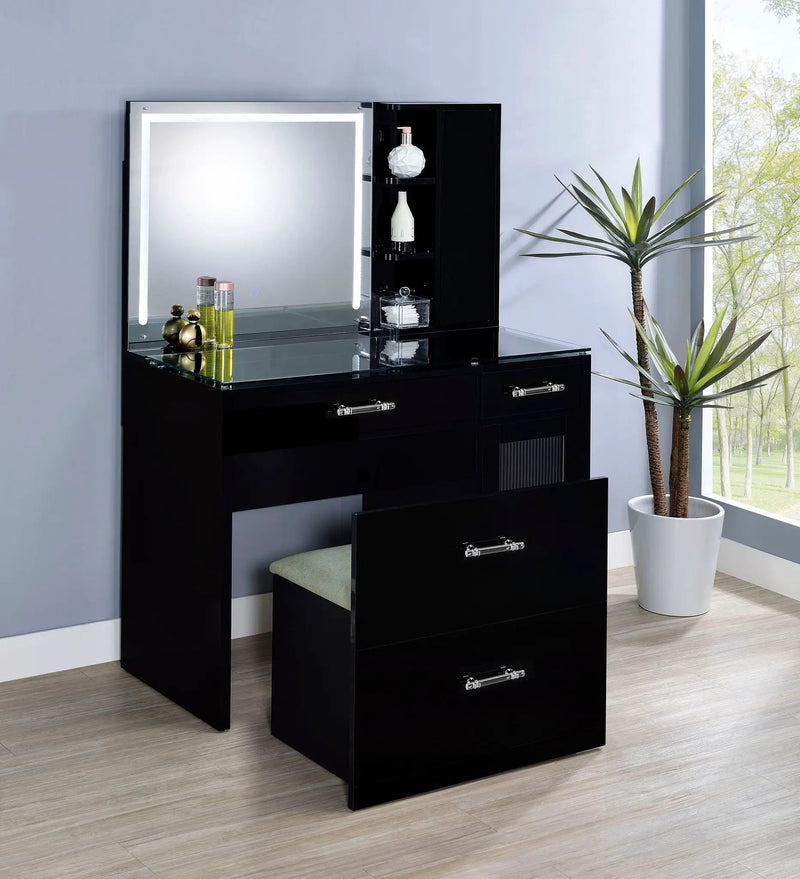 Flora 2-drawer Vanity Set with LED Mirror Black High Gloss by Unique Piece Furniture