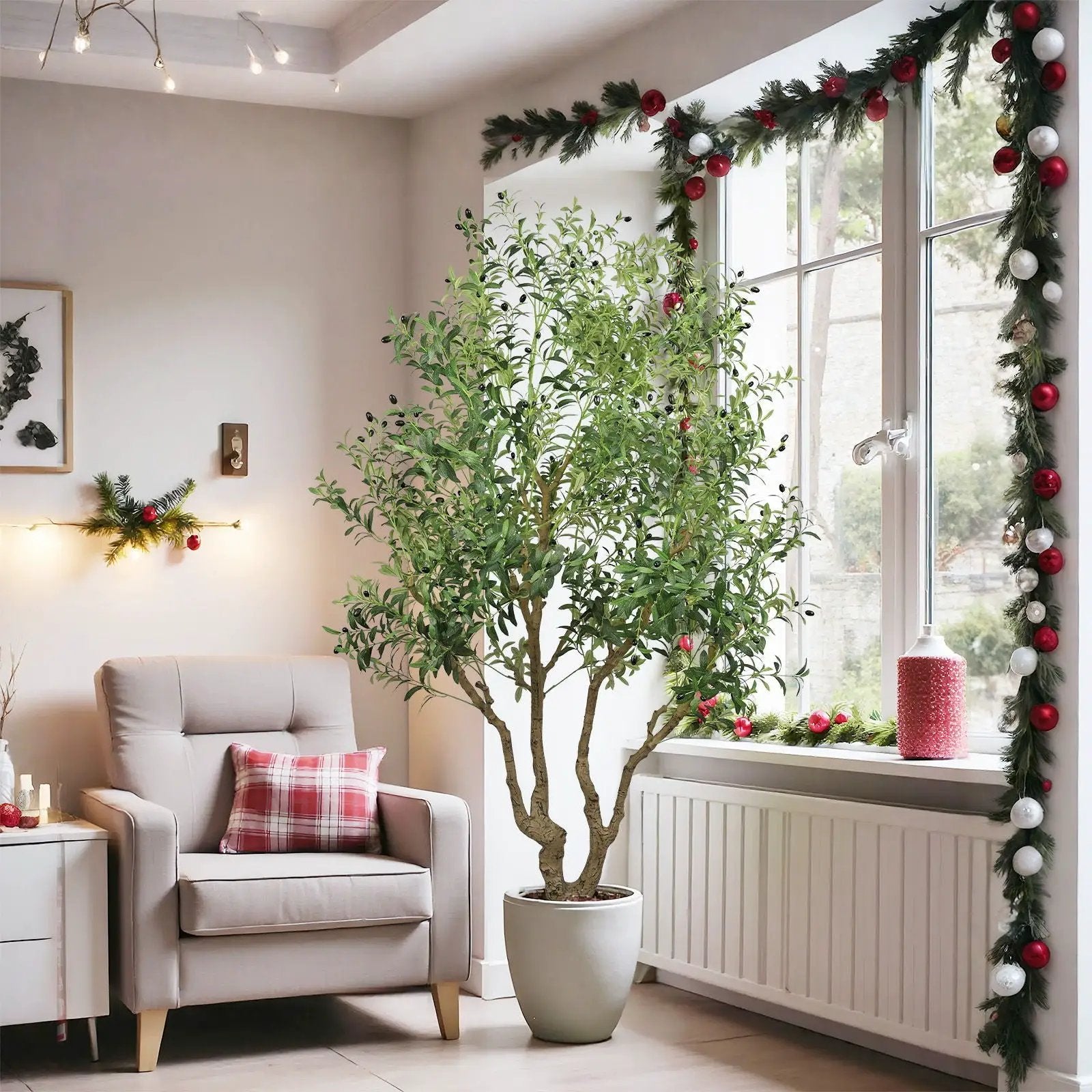 Artificial Olive Tree Large With Trunk, Indoor / Outdoor Decorative Plant For Living Room - Green by Unique Piece Furniture