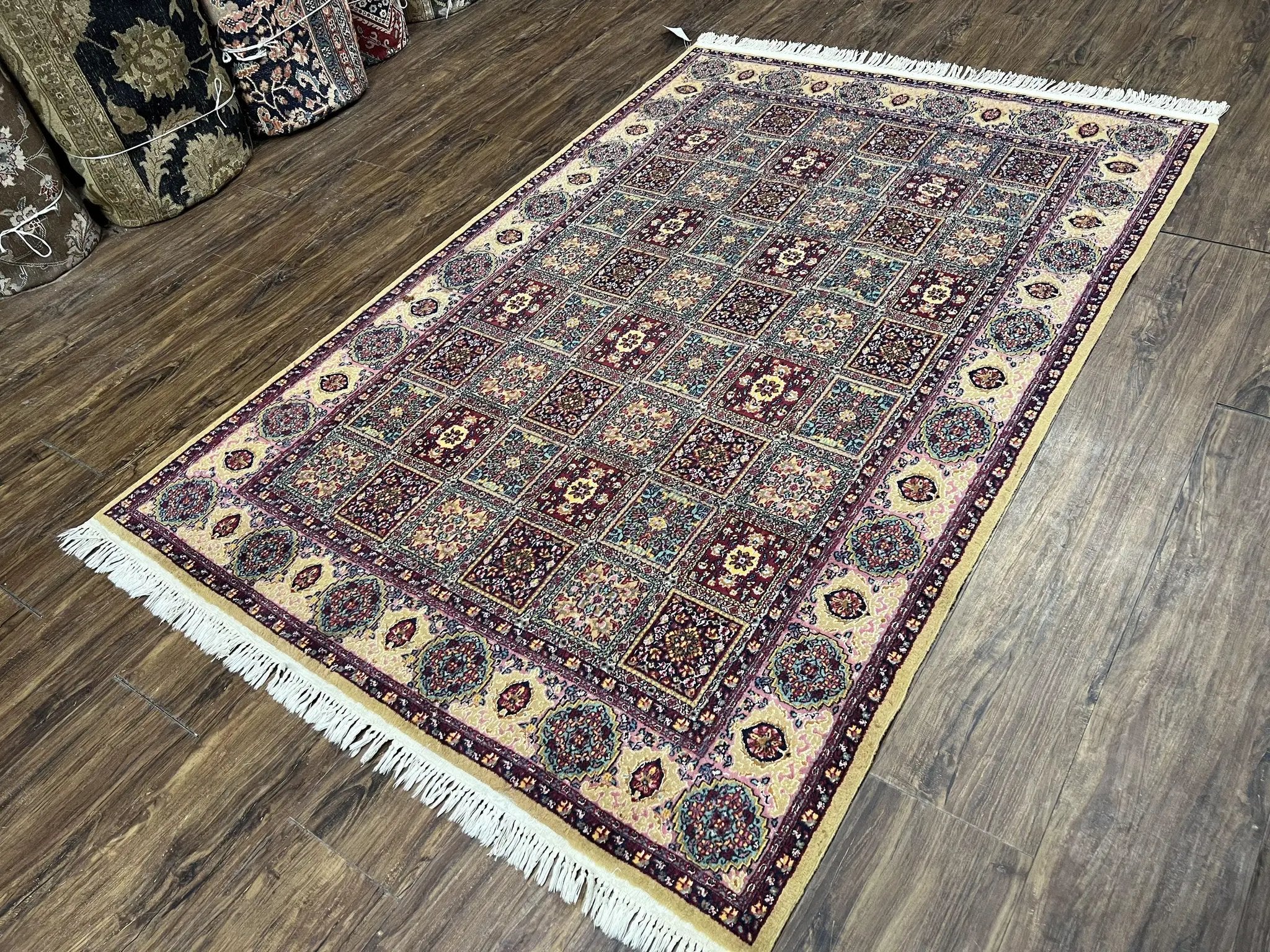 Indo Persian Silk Rug 4x6, Panel Design, Small Flowers, Hand Knotted, Fine Weave, Oriental Carpet 4 x 6, Vintage Area Rug, Beautiful Rug by Jewel Rugs