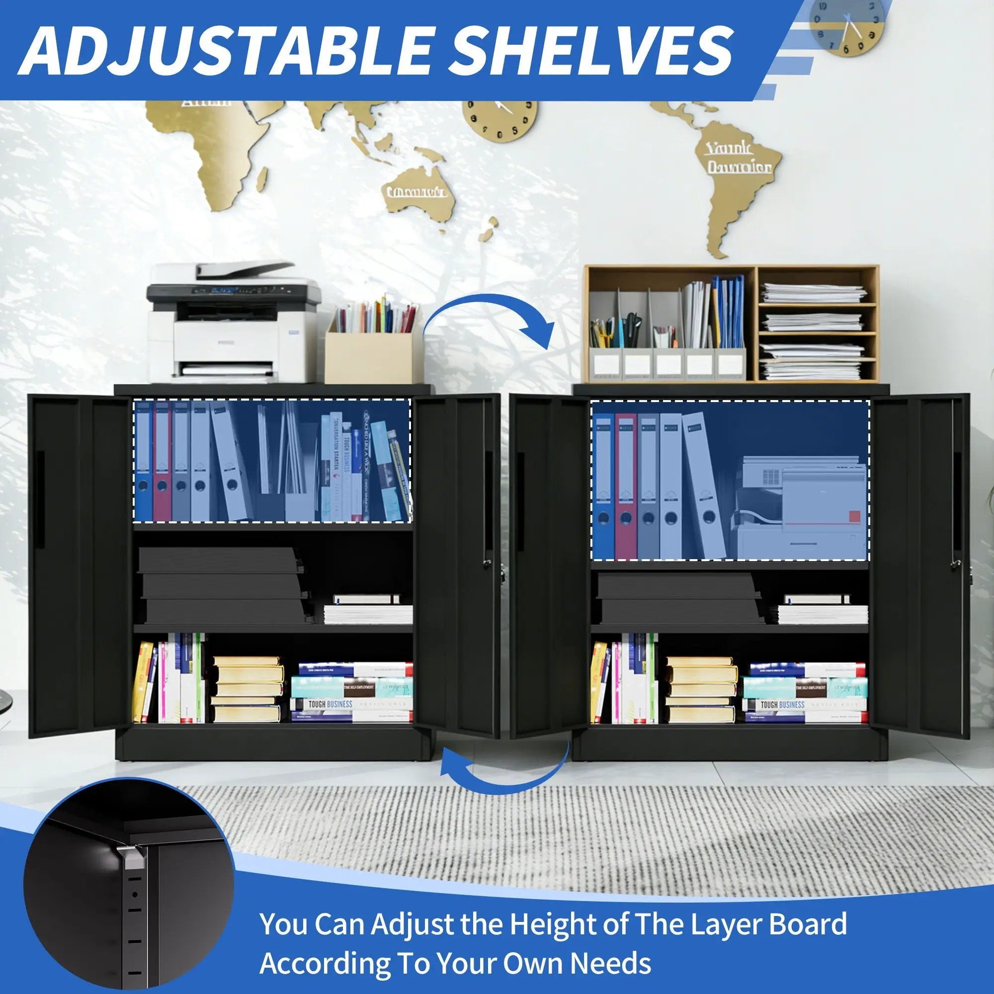 Heavy Duty Storage Cabinet With Lock, 2 Door File Cabinet With 2 Adjustable Shelves - Black by Unique Piece Furniture