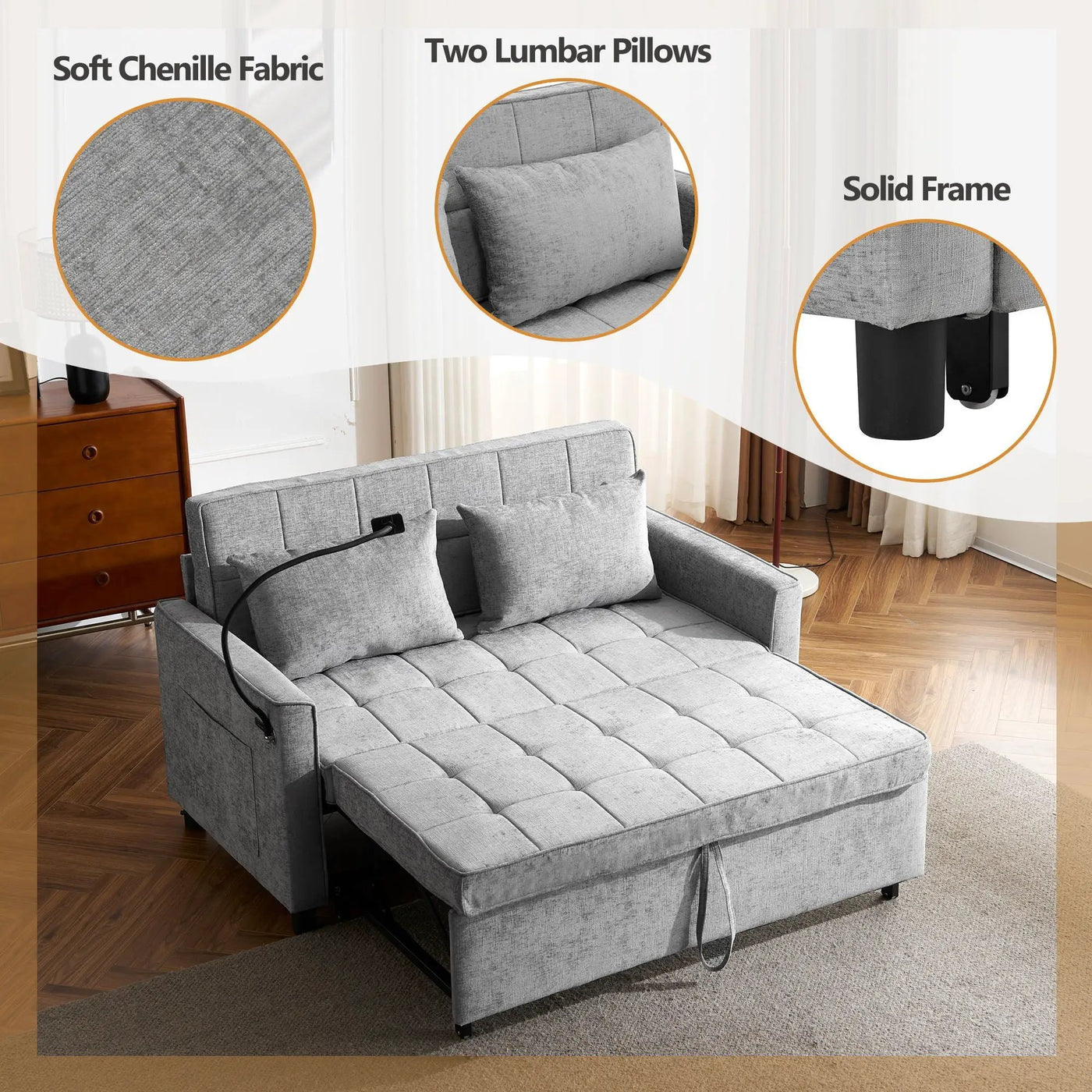 Pull-Out Sleeper Sofa With Reversible Backrest Cushion, Side Pockets, 2 USB Ports And A Phone Holder For Living Room by HouseOfZazla