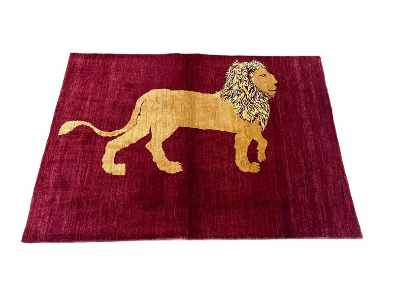 3.5 X 5 Handmade Rug Vintage New Rug Quality Wool Lion Red Veggy Dyes Pictorial by Jewel Rugs