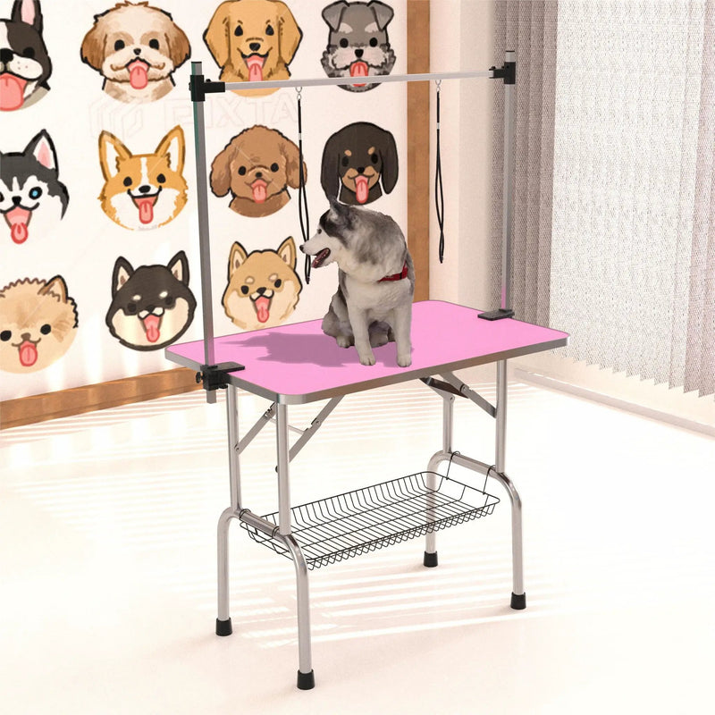 Folding Dog Pet Grooming Table Stainless Steel Frame Rubber Mat On Board With Adjustable Arm And Clamps Pet Dog Cat Grooming Table by HouseOfZazla