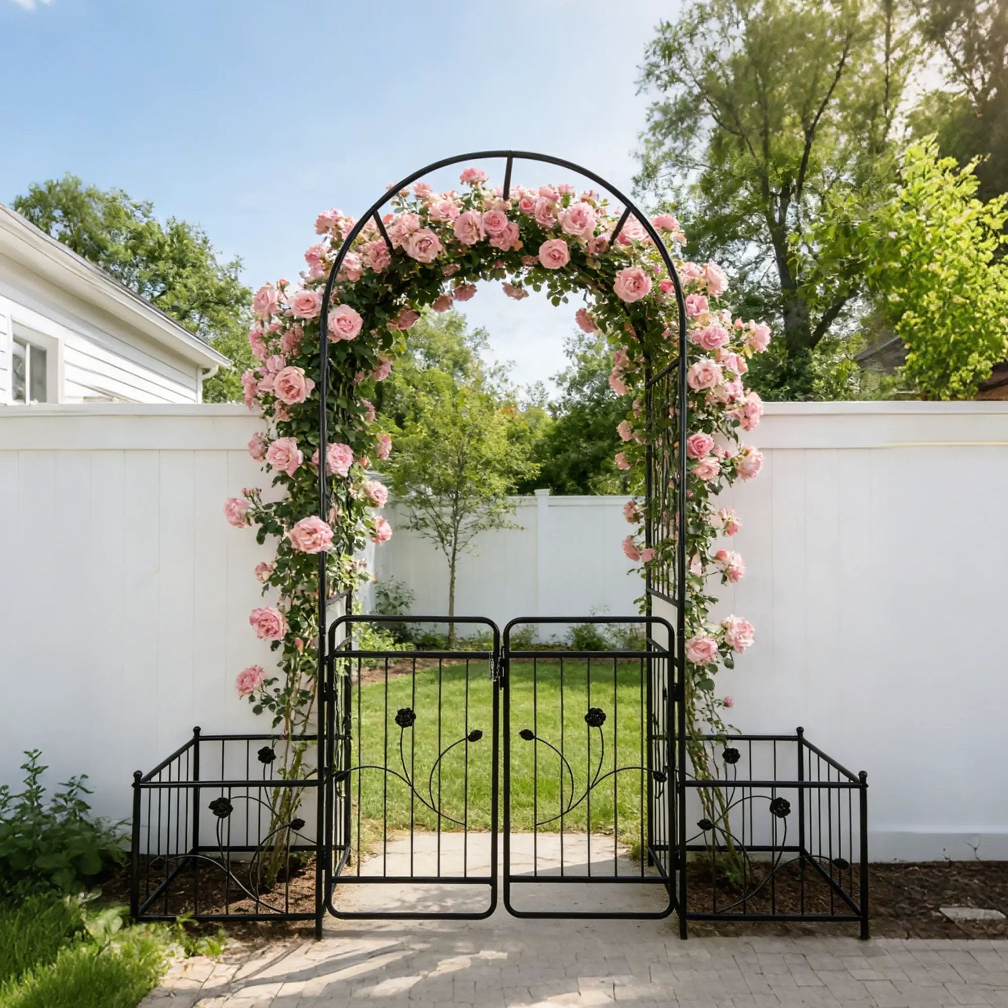 Metal Garden Arch With Gate Wide High Climbing Plants Support Rose Arch Outdoor - Black by HouseOfZazla