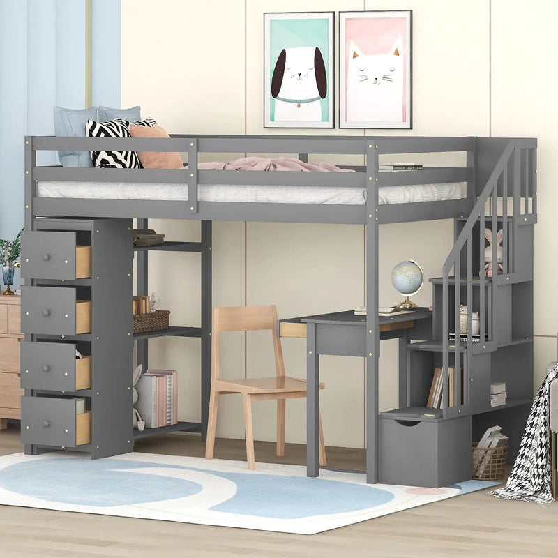 Loft Bed With Storage Drawers, Desk And Stairs With Shelves by HouseOfZazla