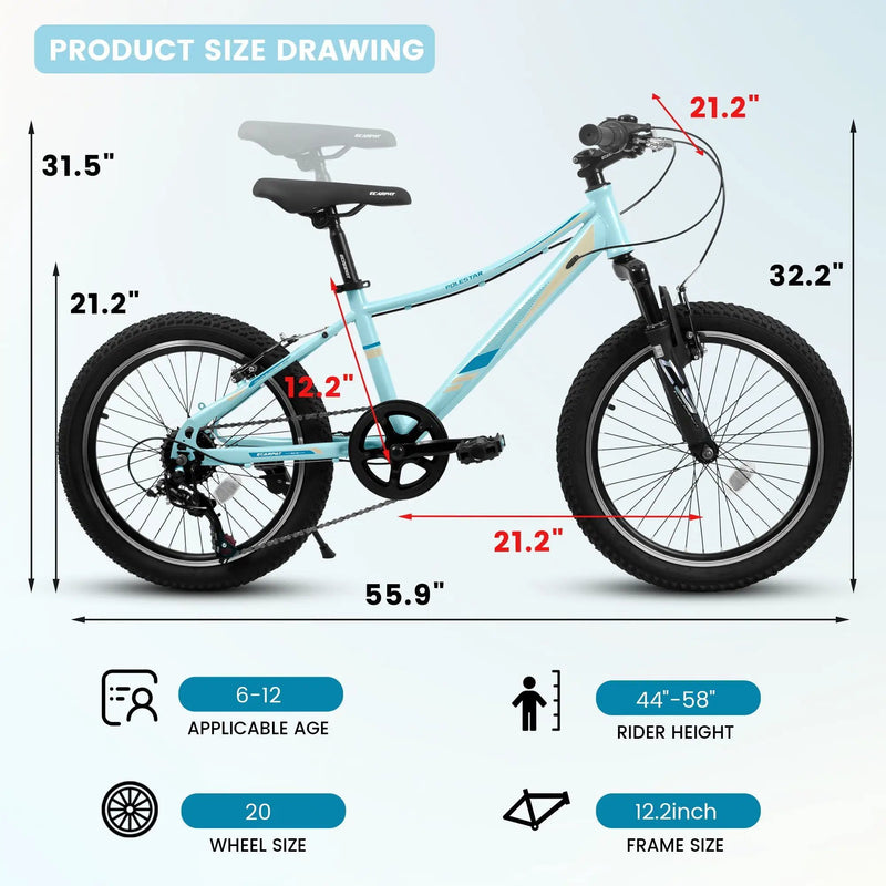 S20101 20" Kids' Bike, Boys Girls Mountain Bike Ages 8-12, 7 Speed Teenager Children Kids' Bicycles, Front Suspension Disc Brake Rear V-Brake, High Steel Frame by HouseOfZazla