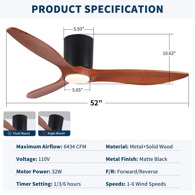 Low Profile Flush Mount Ceiling Fan With Light And Reversible Quiet Motor - Matte Black by HouseOfZazla