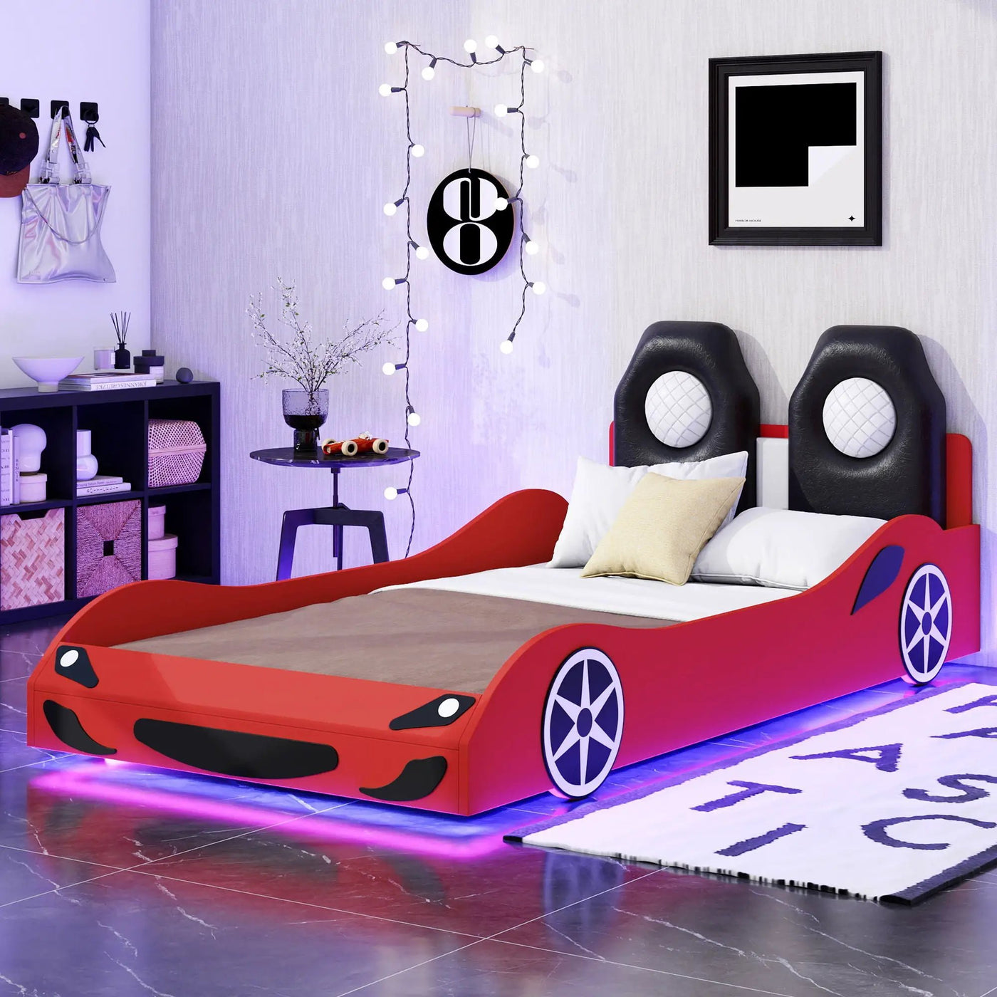 Race Car Shaped Platform Bed With LED And Upholstered Backrest In by HouseOfZazla