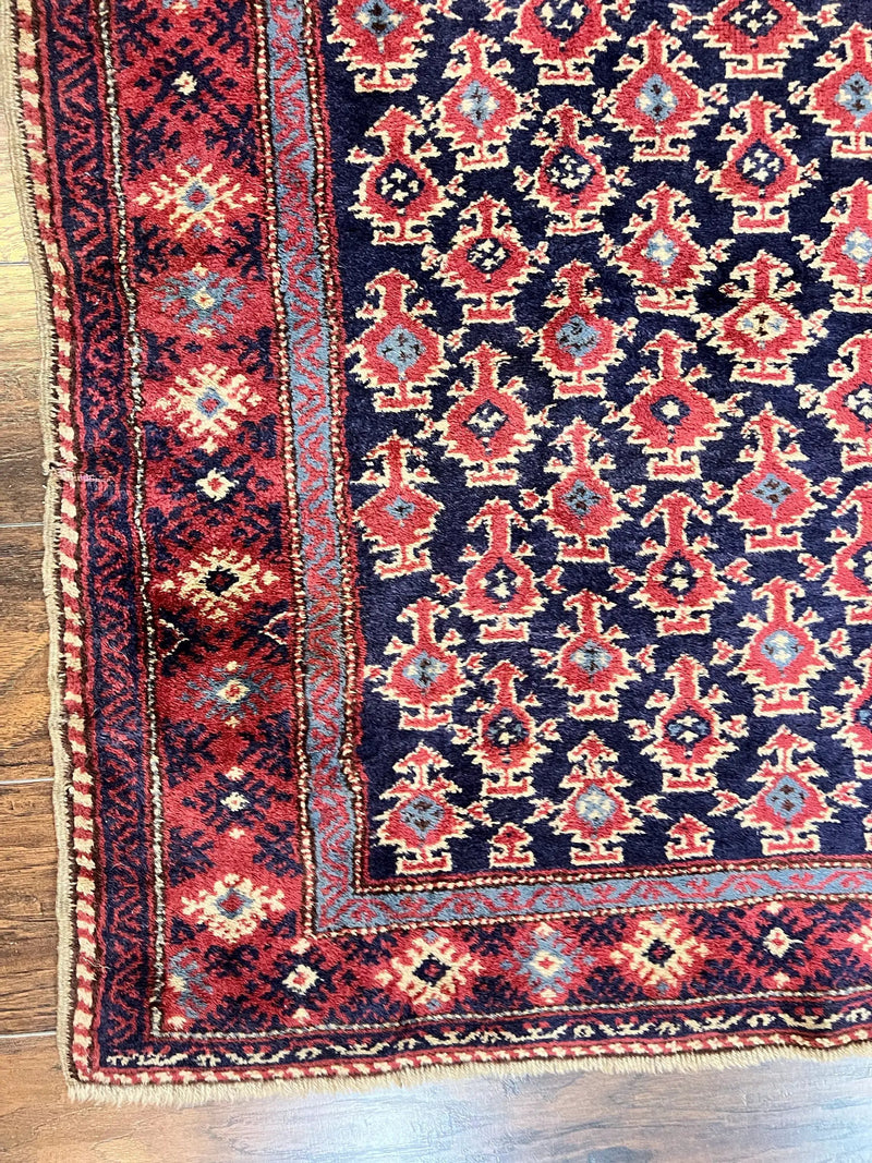 Turkish Sparta Rug 3x4, Allover Pattern, Navy Blue and Red, Antique Ispara Oriental Carpet 3 x 4, Small Turkish Handmade Vintage Wool Rug by Jewel Rugs