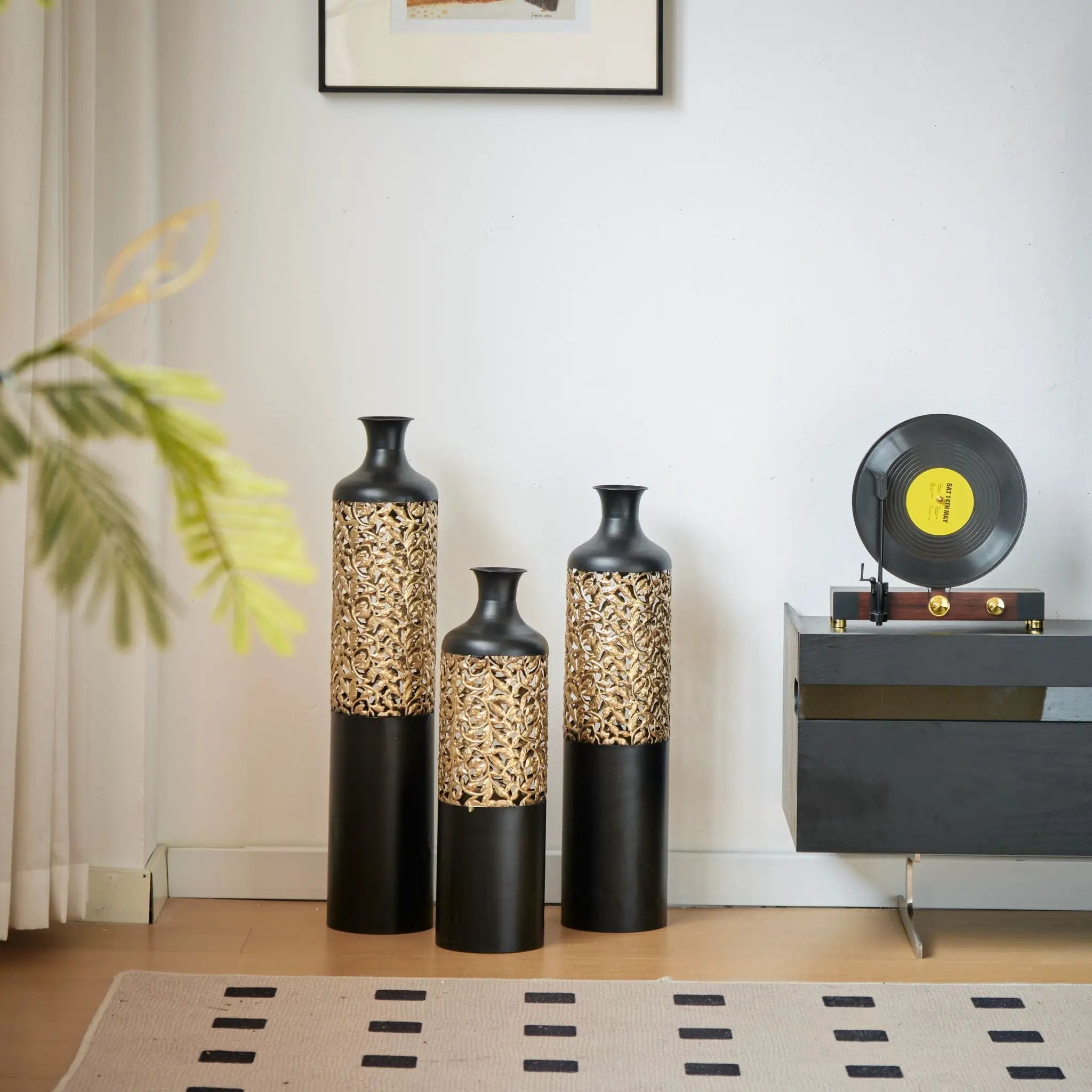 Floor Metal Vases Decorated Metal Vases (Set of 3) Gorgeous Home Decoration Large Glazed Metal Vases - Black / Gold by Unique Piece Furniture