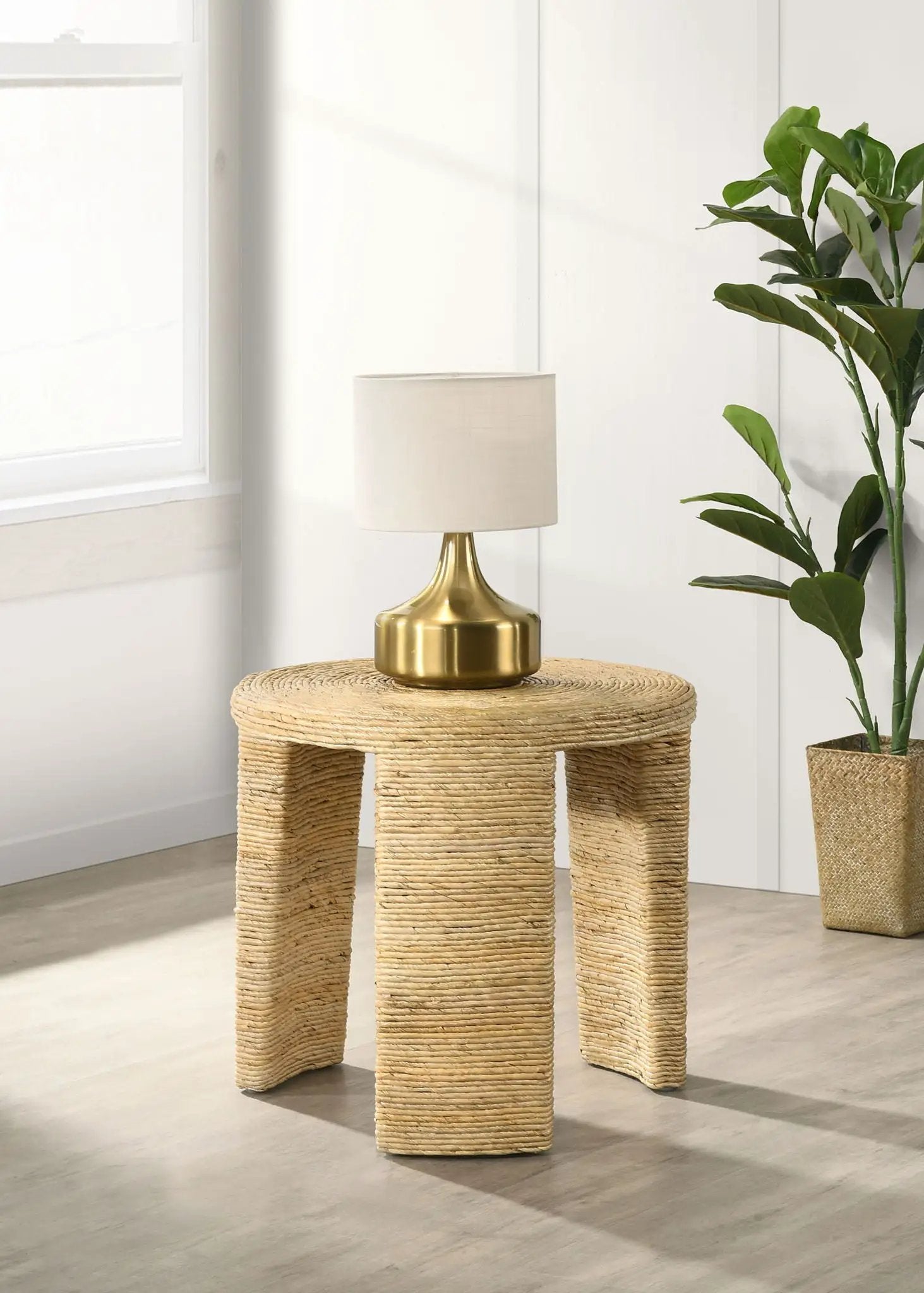 Artina Woven Rattan Round Side End Table Natural Brown by Unique Piece Furniture