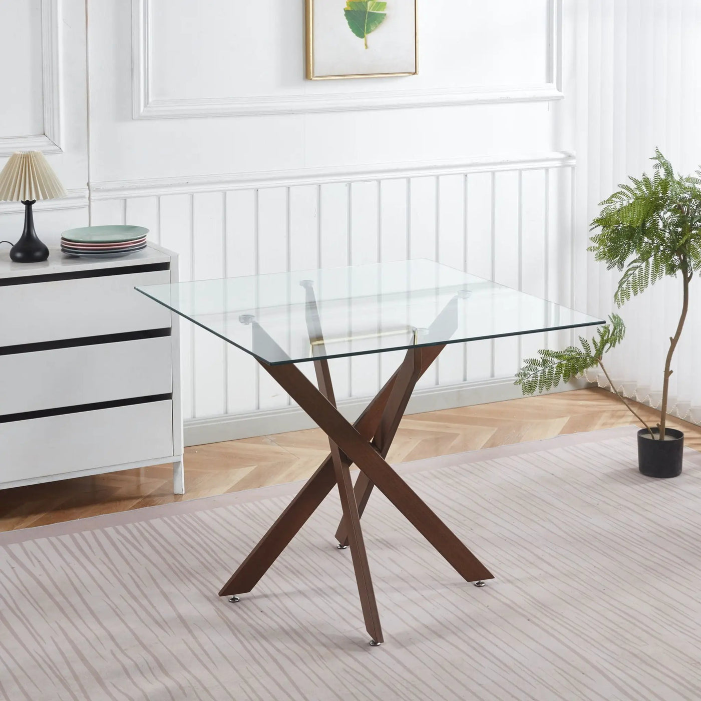 Dining Table With Cross Metal Leg And Tempered Glass, Modern Space Saving Kitchen Table For Living Room Legs, Square Table by Unique Piece Furniture