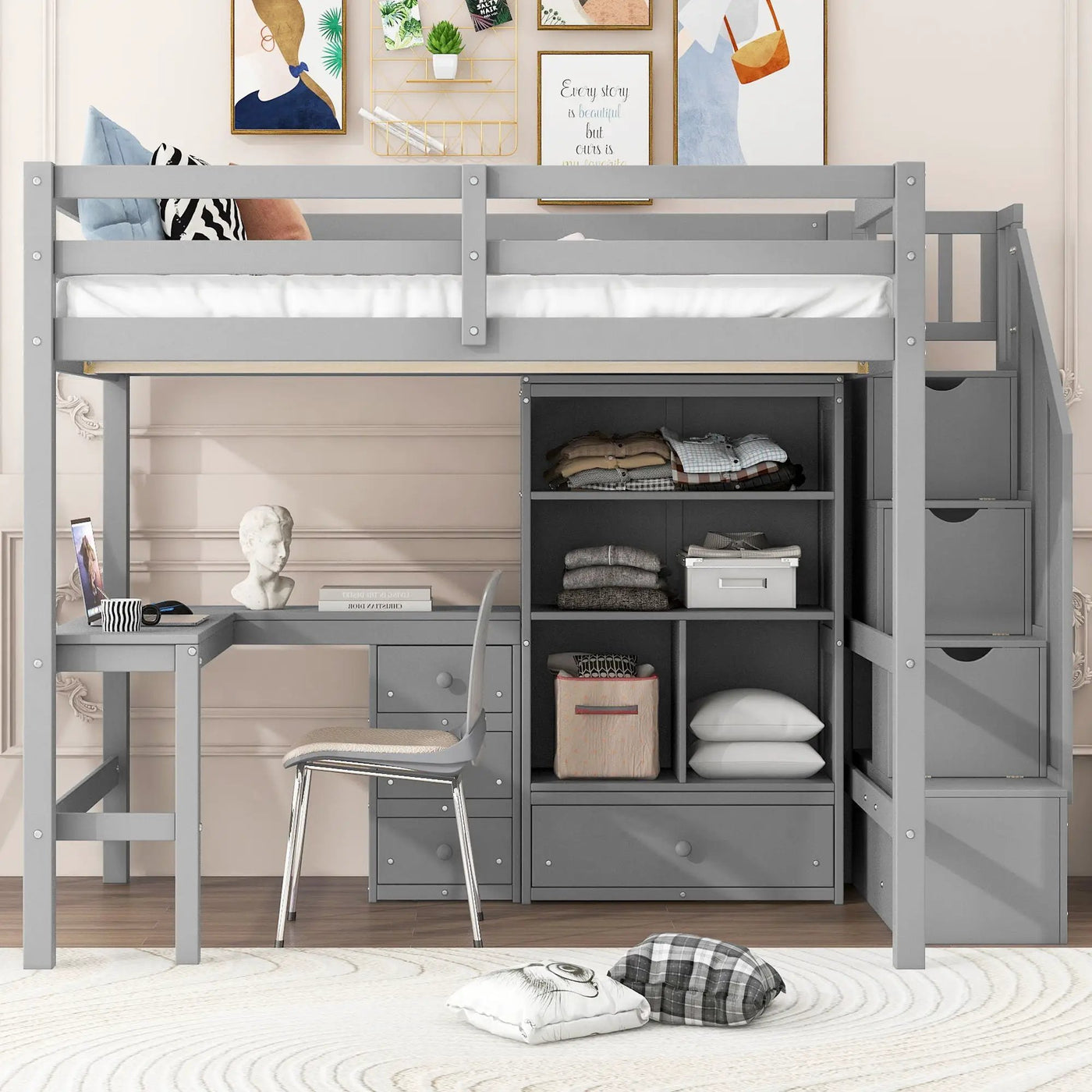 Loft Bed & L Shaped Desk, Drawers, Cabinet, And Storage Staircase by Unique Piece Furniture