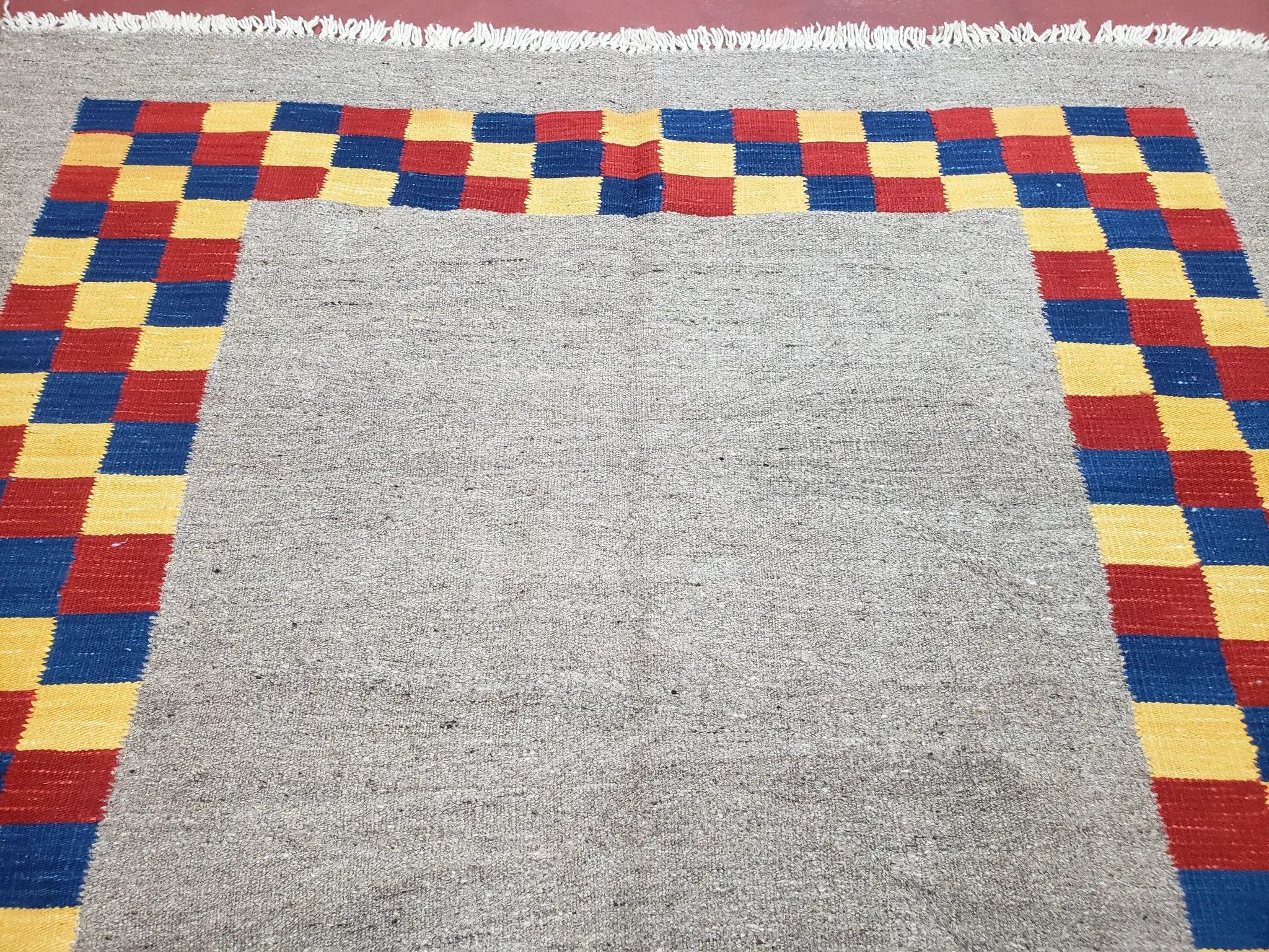 New Turkish Kilim Area Rug, Gray Carpet With Colorful Checker Border, 5'6" x 8", Flatweave Carpet, Playroom Rug, Kids Room Rug, Hand-Knotted by Jewel Rugs