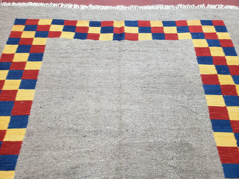 New Turkish Kilim Area Rug, Gray Carpet With Colorful Checker Border, 5'6" x 8", Flatweave Carpet, Playroom Rug, Kids Room Rug, Hand-Knotted by Jewel Rugs