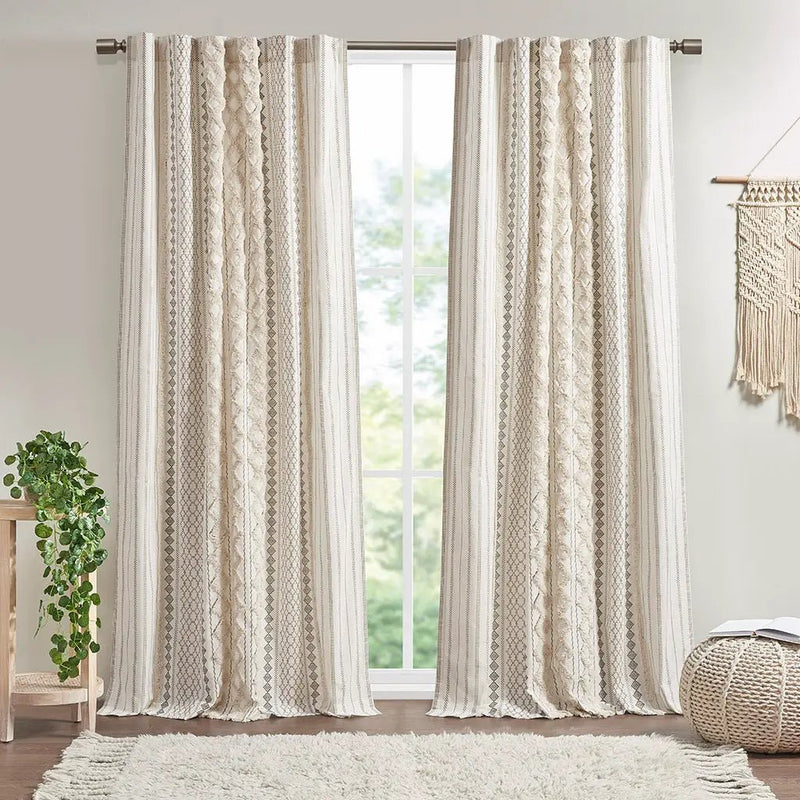 Cotton Printed Curtain Panel with Chenille Stripe and Lining Ivory 50x84 by HouseOfZazla