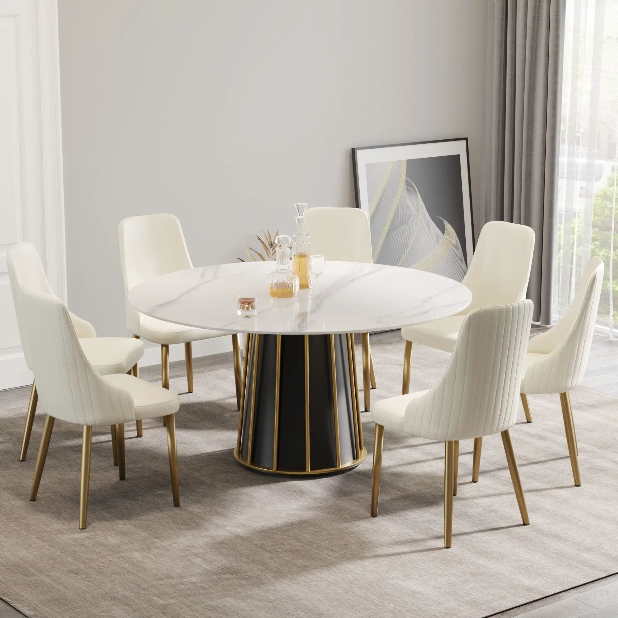 59.05" Modern Artificial Stone Round Panel Metal Iron Base Dining Table, Can Accommodate 8 People, (Not Including Chairs) - White / Black by HouseOfZazla