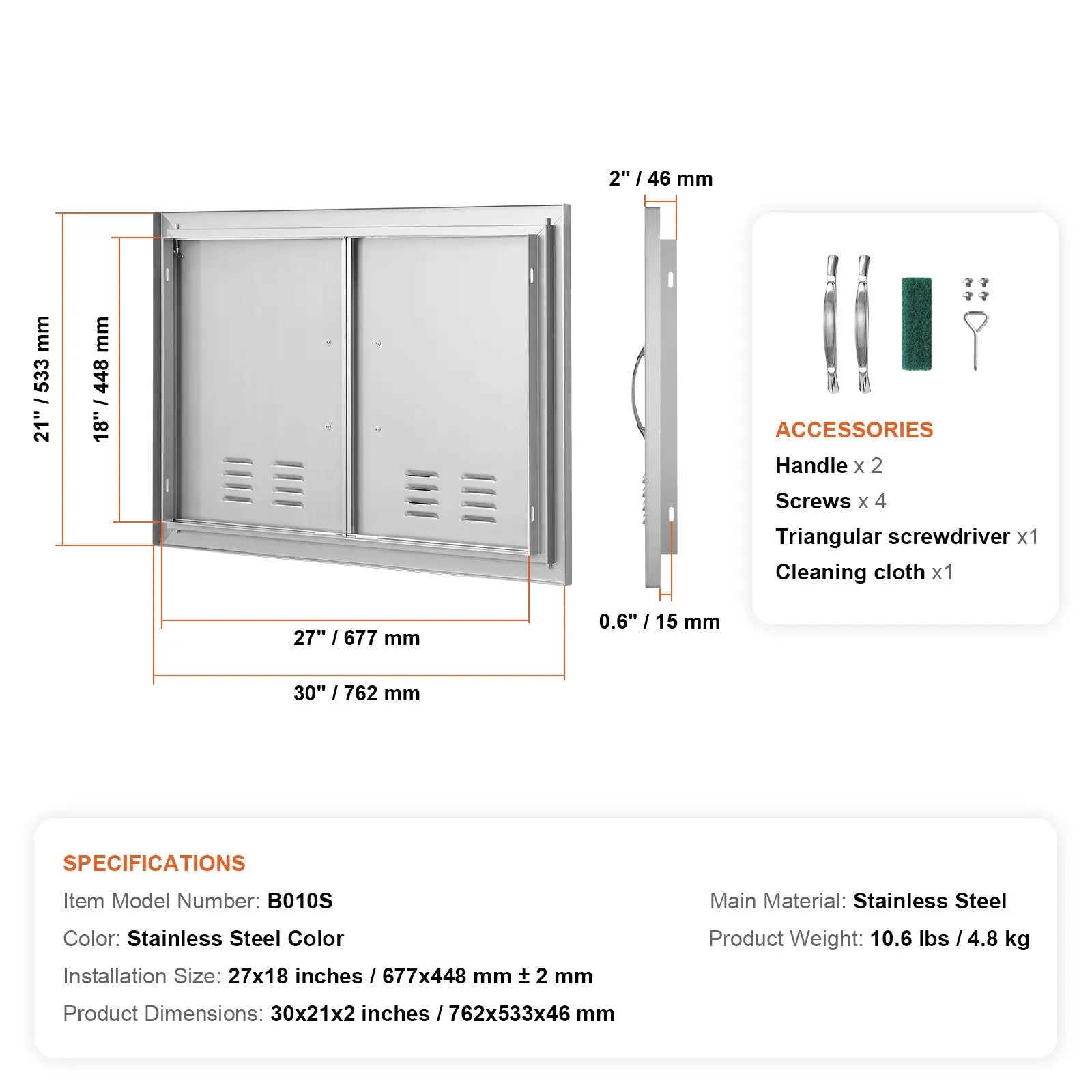 BBQ Access Door, 30W x 21H Inch Double Stainless Steel Outdoor Kitchen Door by HouseOfZazla