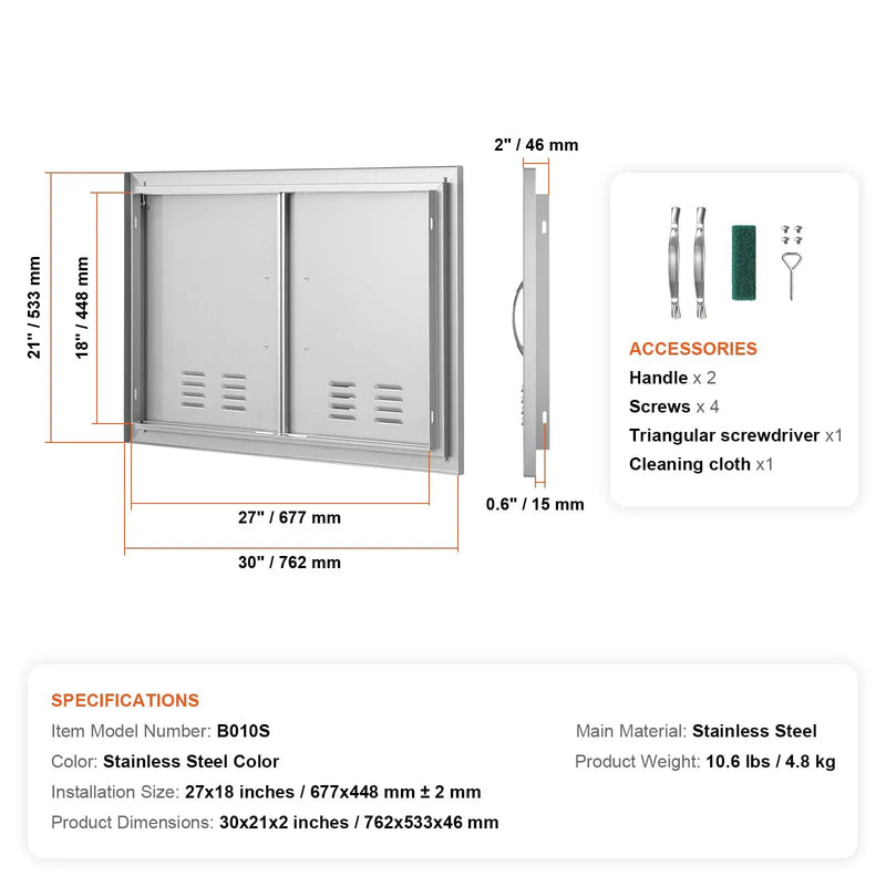 BBQ Access Door, 30W x 21H Inch Double Stainless Steel Outdoor Kitchen Door by HouseOfZazla