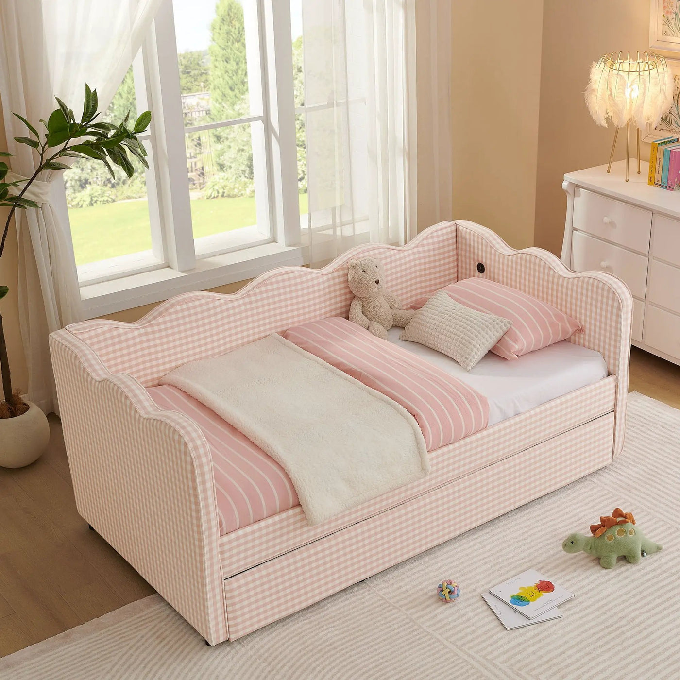 Gingham Daybed With USB Charging Port, Wave Shaped Design by HouseOfZazla