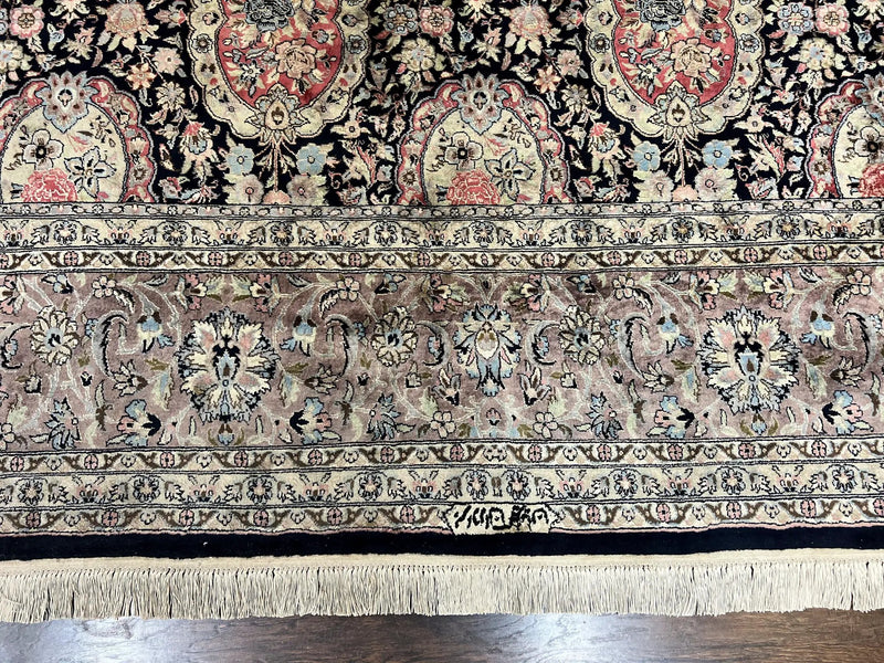 Sino Persian Rug 9x12, Navy Blue and Pink Hand Knotted Wool and Silk Highlights Vintage Oriental Carpet, Handmade Floral Area Rug 9 x 12 ft by Jewel Rugs