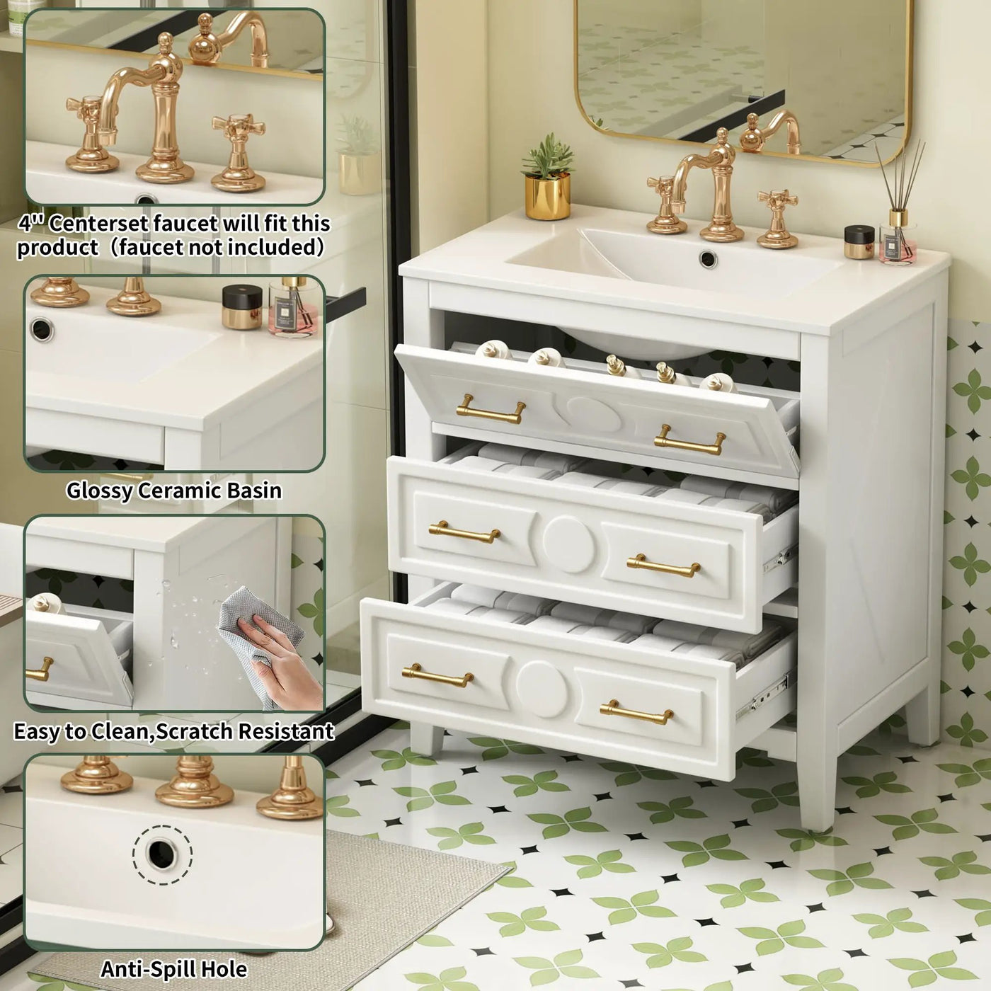 Retro Bathroom Vanity With Sink Combo, Free Standing Single Set With 3 Drawers by HouseOfZazla