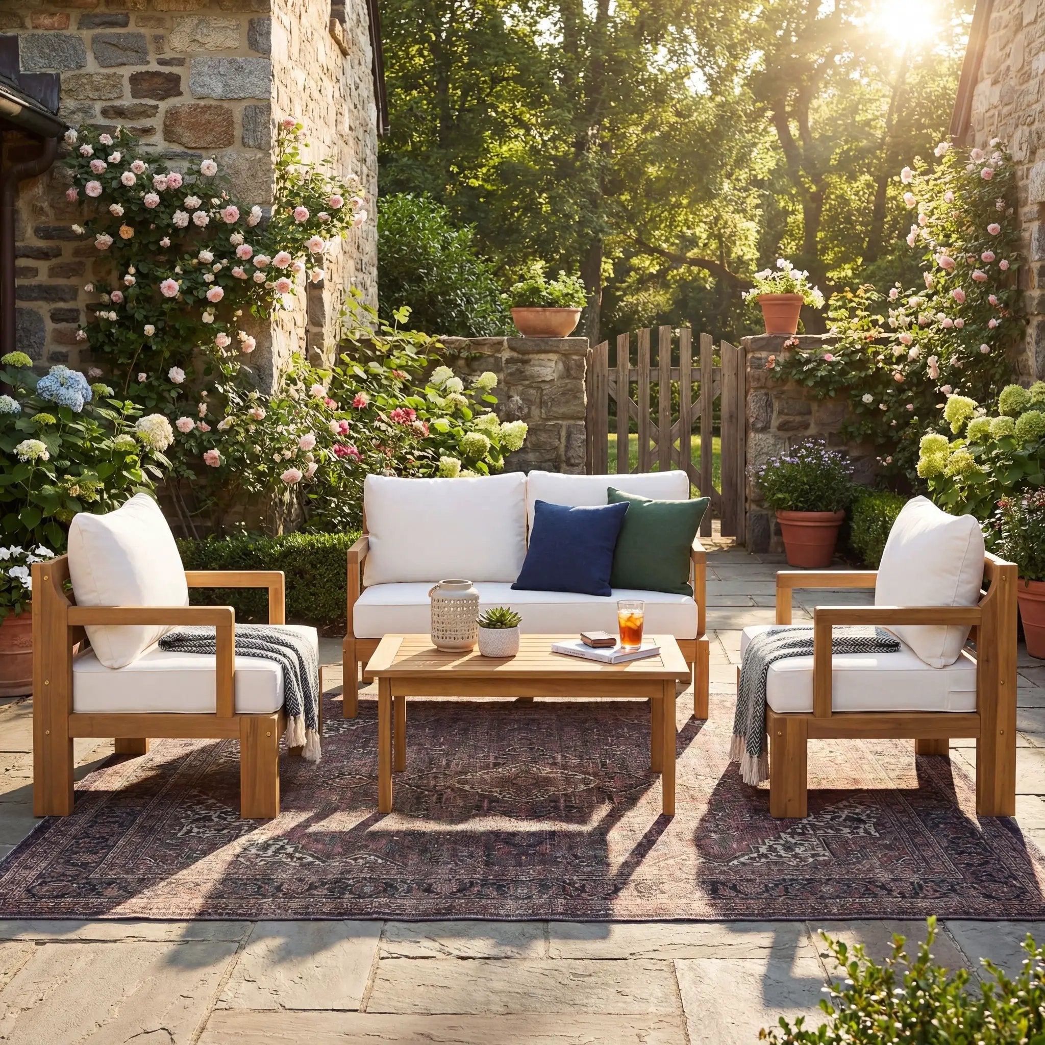 Outdoor 4-Seater Acacia Wood Patio Chat Set, Beige + Natural by HouseOfZazla