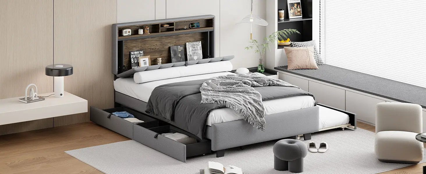 Upholstered Platform Bed With Storage Headboard, Trundle & 2 Drawers And A Set Of Sockets & USB Ports by HouseOfZazla
