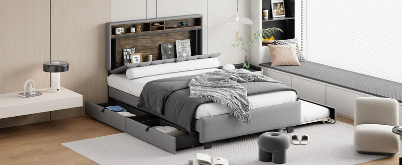 Upholstered Platform Bed With Storage Headboard, Trundle & 2 Drawers And A Set Of Sockets & USB Ports by HouseOfZazla