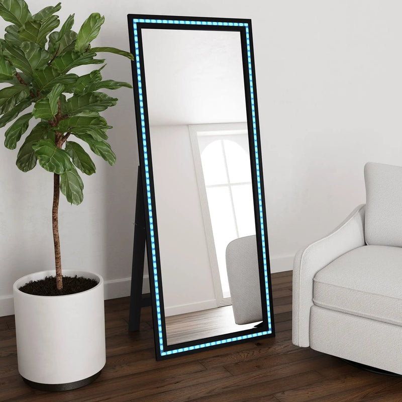 Windrose 28 x 67 Inch Tempered LED Standing Mirror Black by Unique Piece Furniture