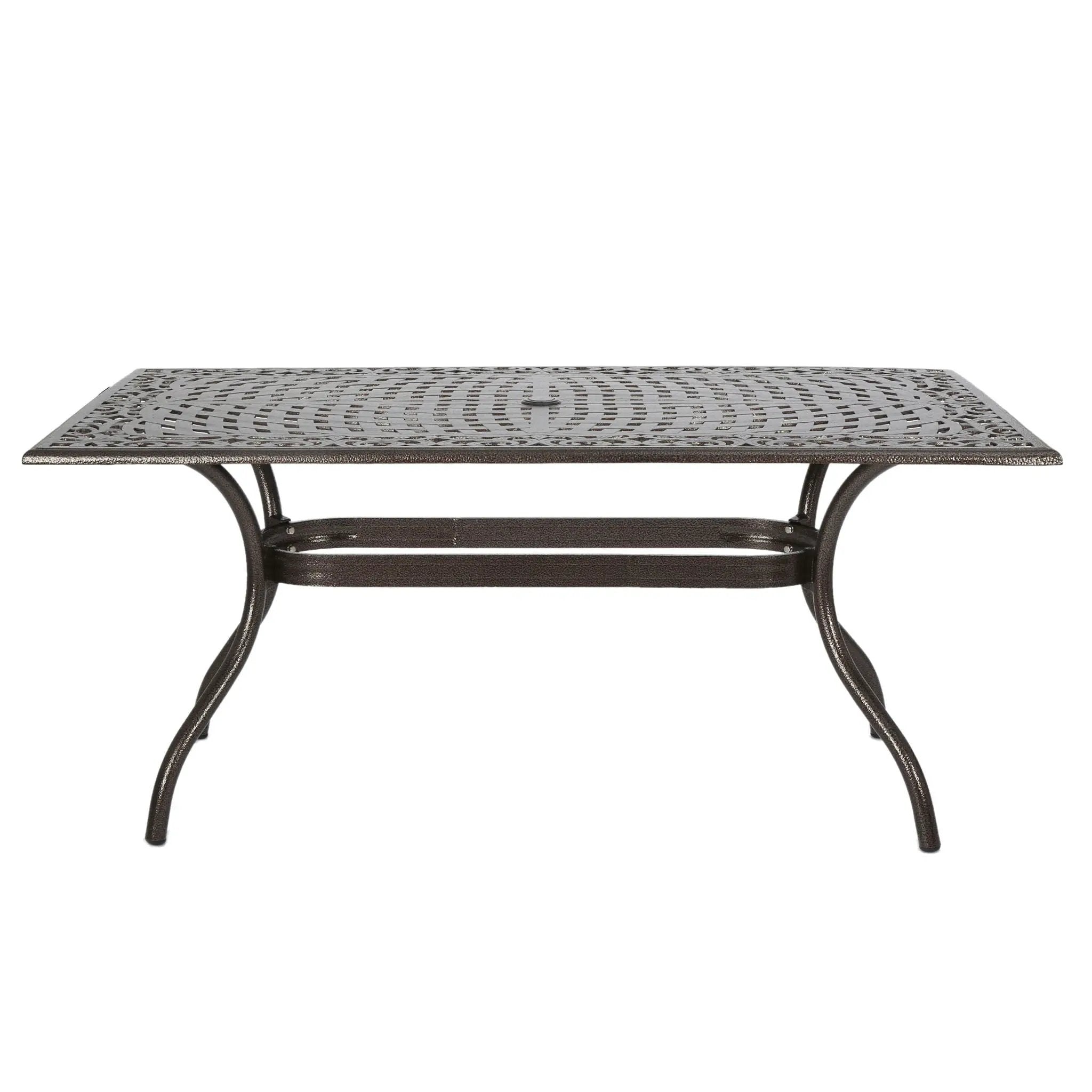 Celestine Outdoor Cast Aluminum Dining Table with Floral Lattice Design and Umbrella Holder by HouseOfZazla