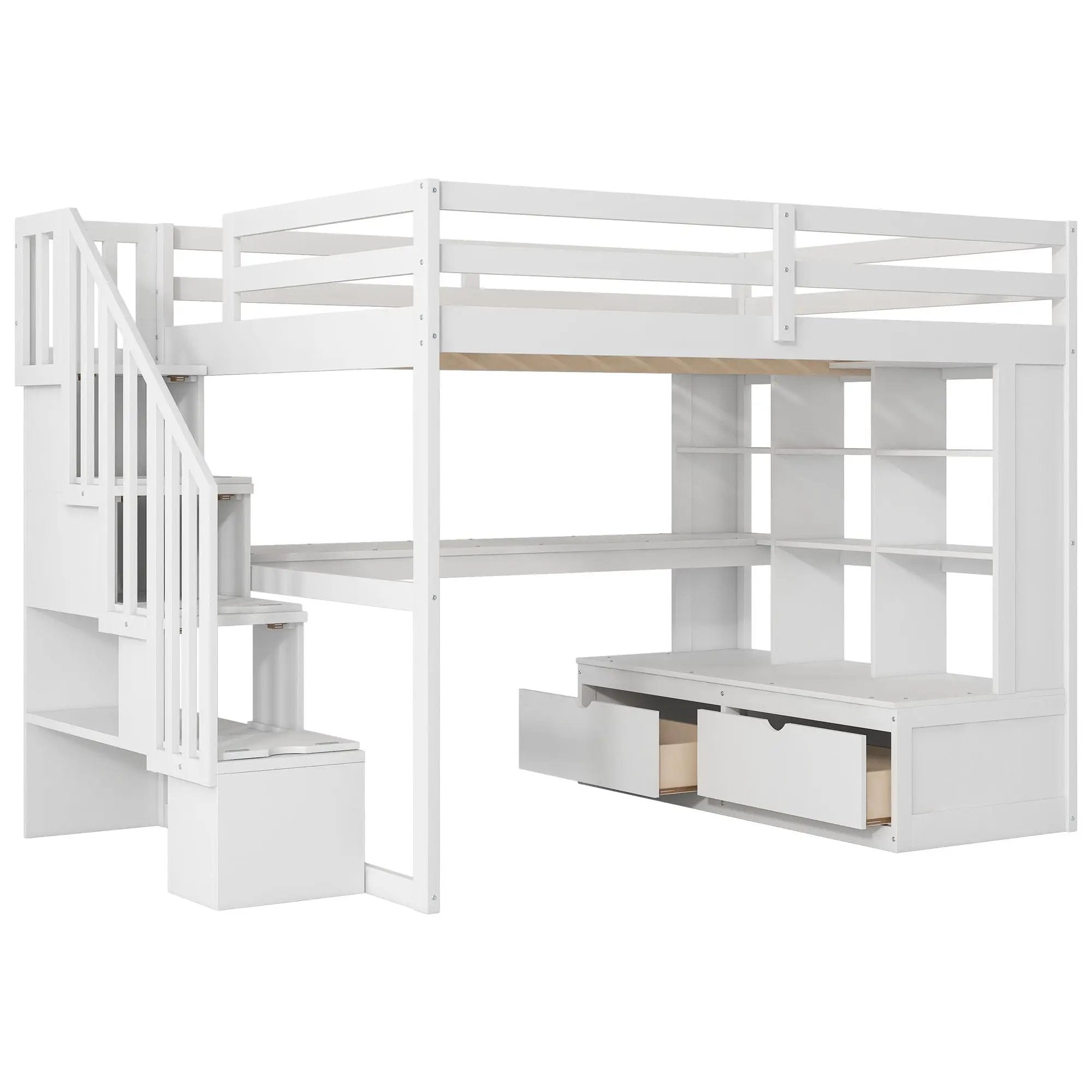 Full Size Loft Bed With Desk And Shelves, 2 Built In Drawers, Storage Staircase - White by HouseOfZazla