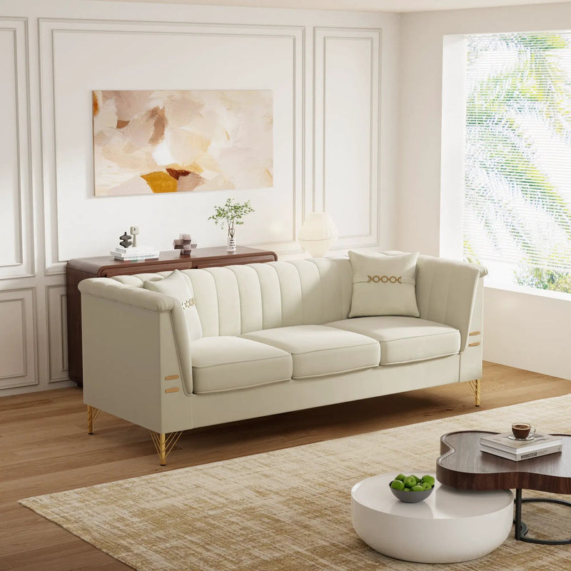 FX-P82-BE3 Modern Velvet 3-Seater Chesterfield Sofa with 2 Pillows by HouseOfZazla